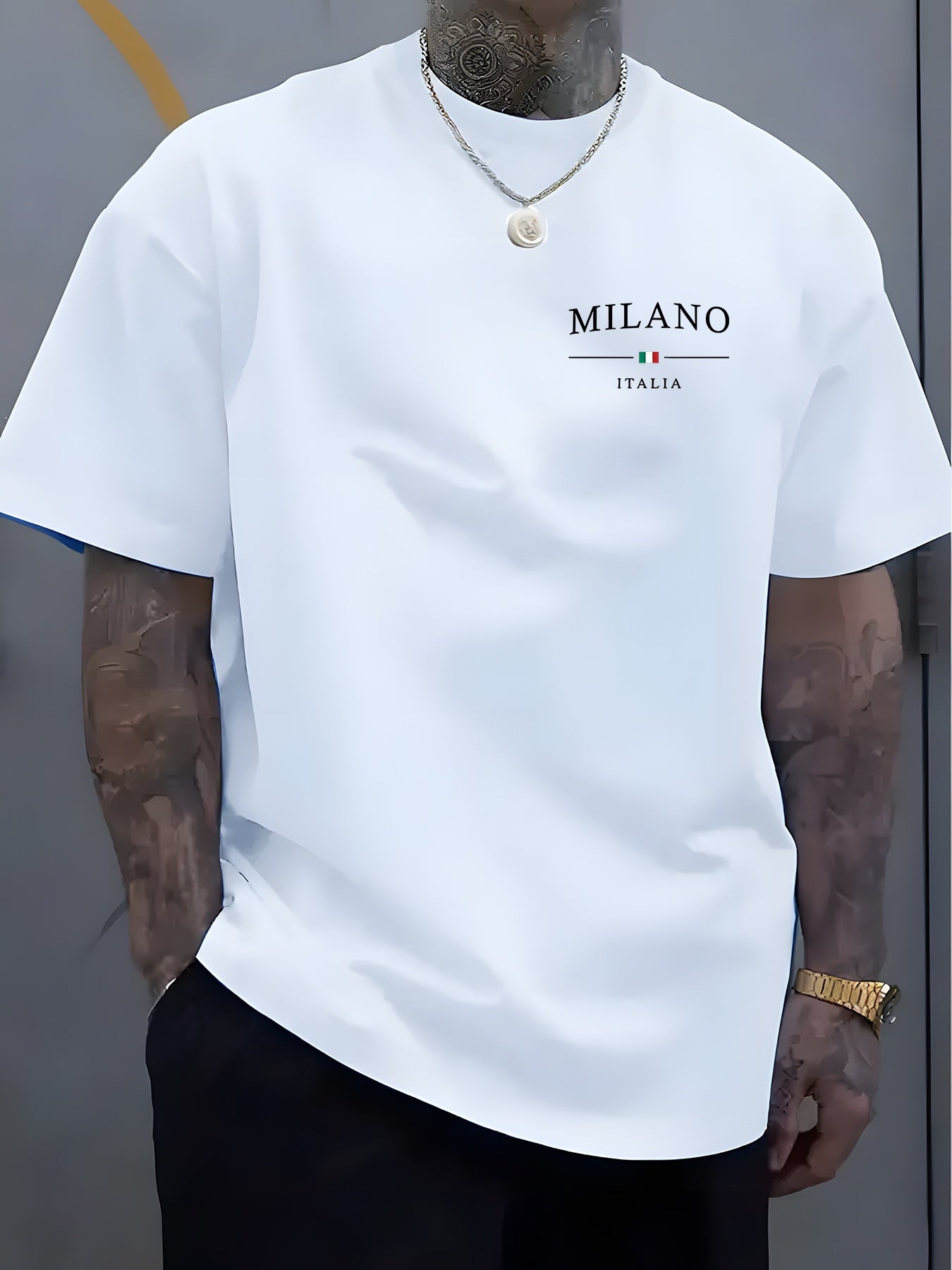 Men's Heavyweight 100% Cotton Crew Neck T-Shirt - Regular Fit Short Sleeve Shirt, Minimalist Milan Italy Lettering Front Print, Breathable Everyday & Formal Wear, Soft Everyday Casual Shirt for Men - Ideal Gift for Birthdays,