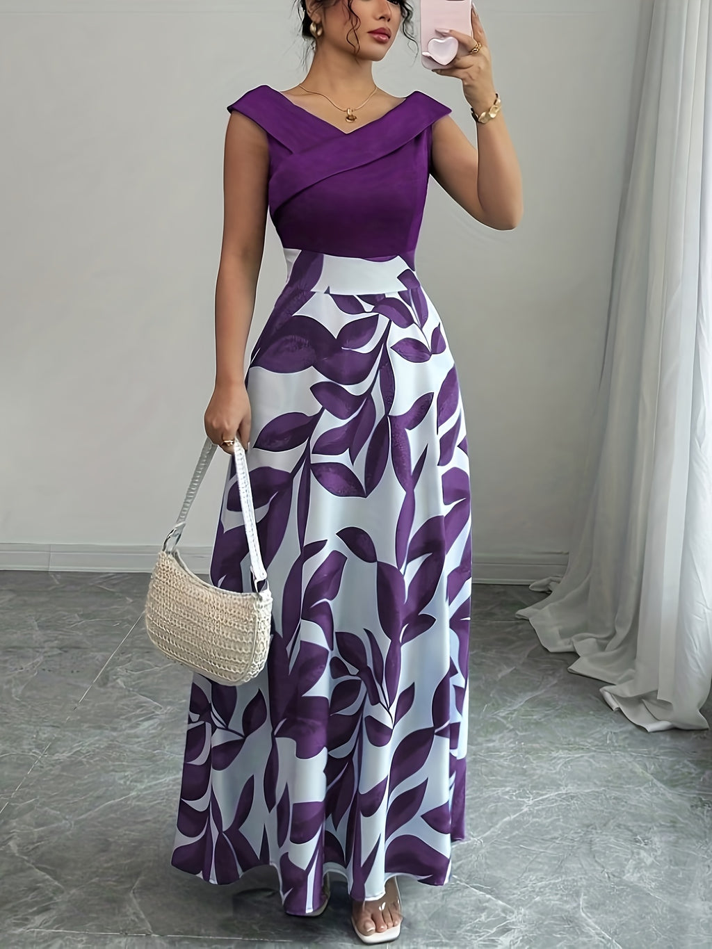 Elegant V-Neck Floral Print A-Line Maxi Dress with Pockets - Green Leaf Pattern, Short Sleeve, Cinched Waist, Flowy Skirt, Perfect for Summer, Casual to Formal Wear, Casual Summer Dress | Vneck Dress | Cinched Waist Design