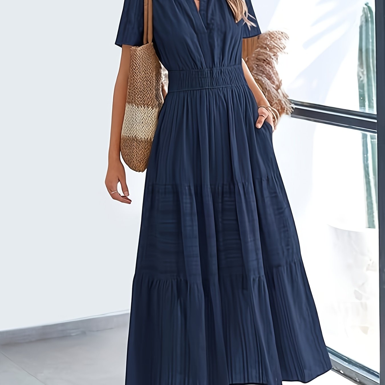 Elegant Navy Blue V-Neck Pleated Maxi Dress for Women - Summer Fashion with Ruffled Hem, Short Sleeves, and Cinched Waist, Polyester Fabric, Machine Washable, Cute Dress
