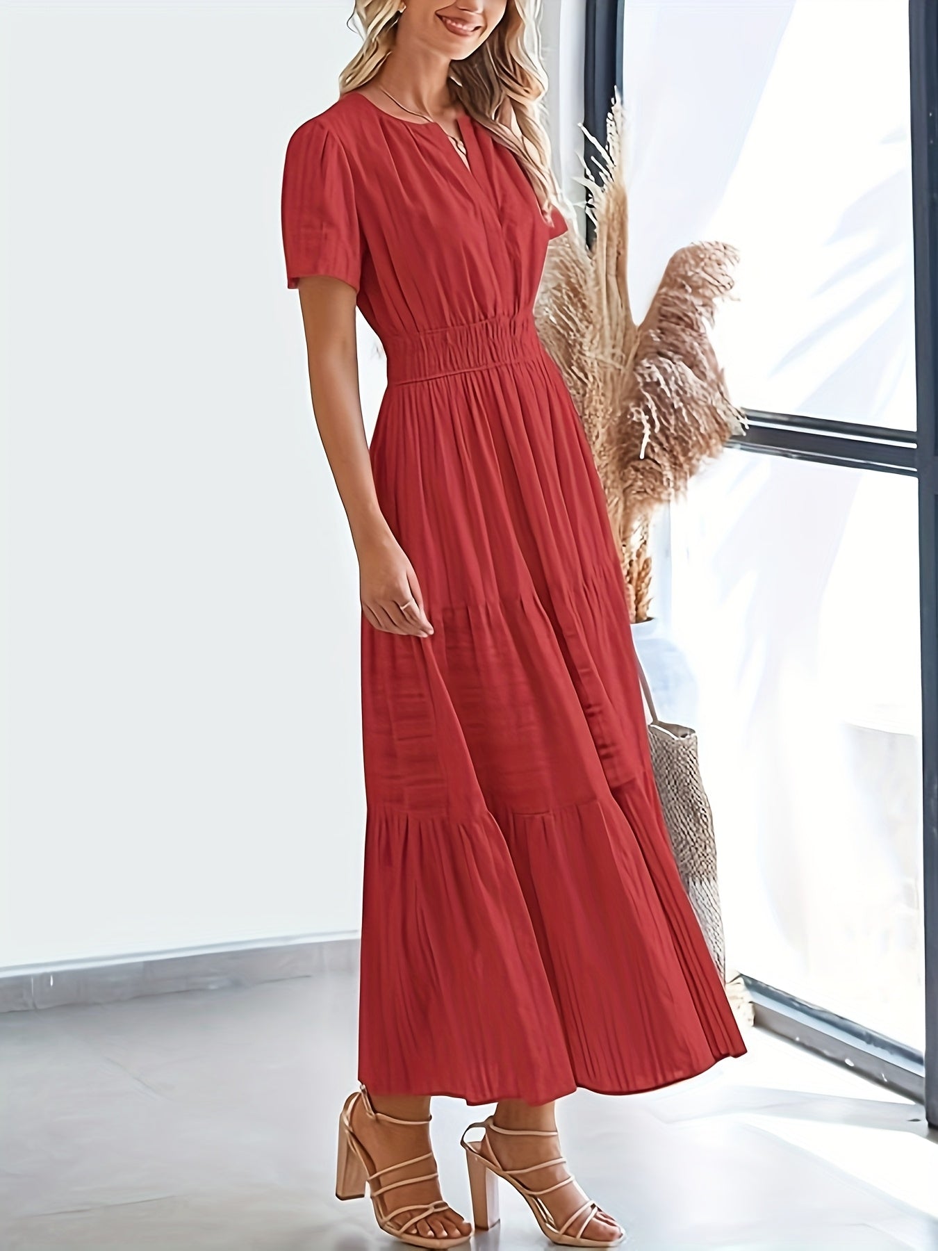 Elegant Navy Blue V-Neck Pleated Maxi Dress for Women - Summer Fashion with Ruffled Hem, Short Sleeves, and Cinched Waist, Polyester Fabric, Machine Washable, Cute Dress