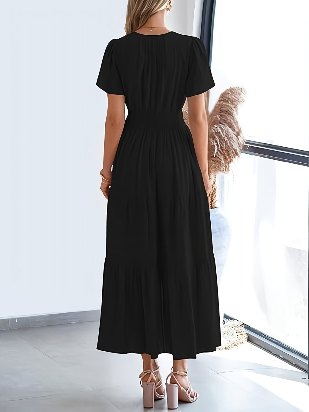 Elegant Navy Blue V-Neck Pleated Maxi Dress for Women - Summer Fashion with Ruffled Hem, Short Sleeves, and Cinched Waist, Polyester Fabric, Machine Washable, Cute Dress