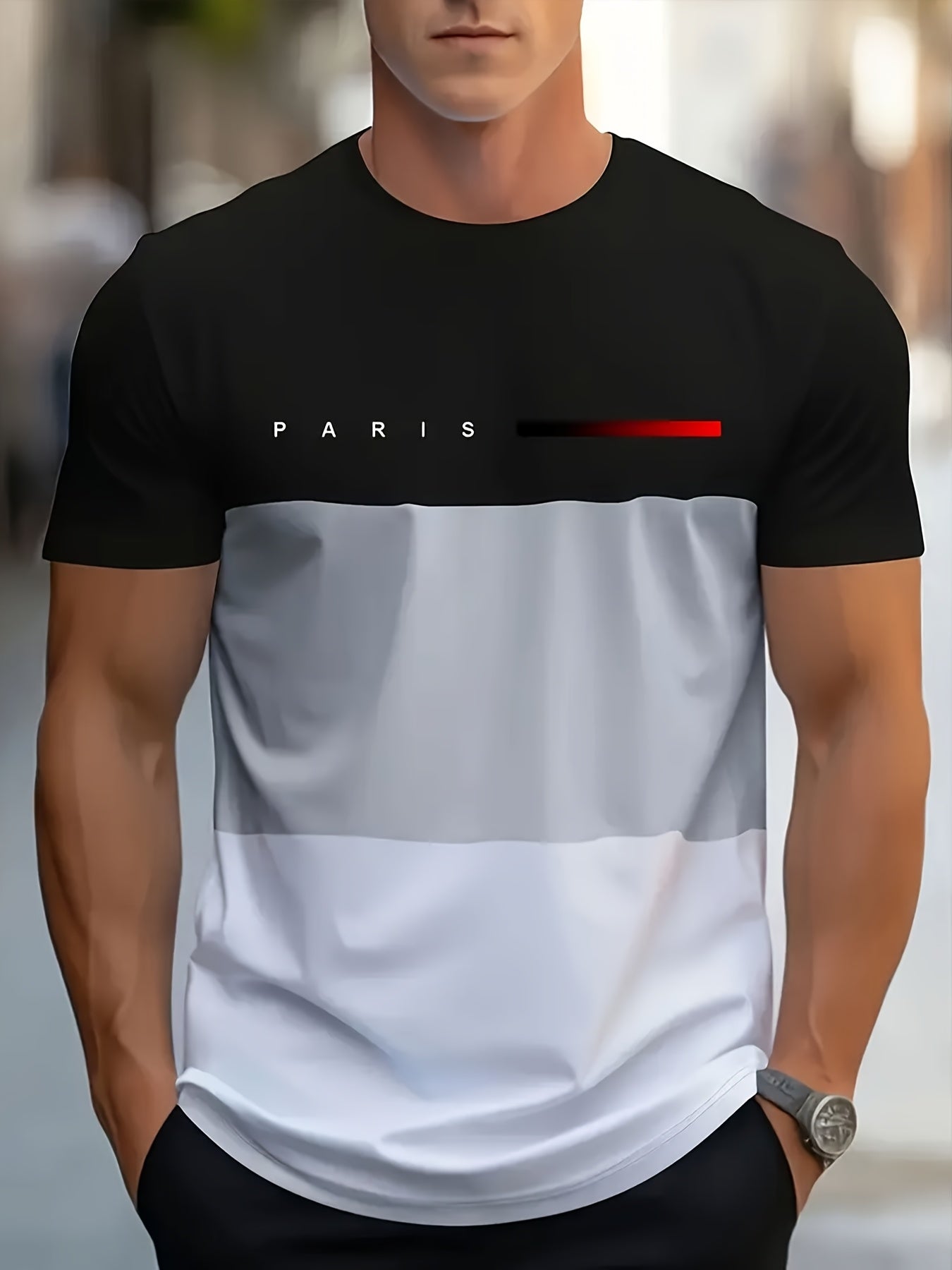 Men's Paris-Inspired 3D Print T-Shirt - Stylish Two-Tone Short Sleeve with Eiffel Tower Graphic, Casual Round Neck, Polyester Blend, Perfect for Summer Leisure