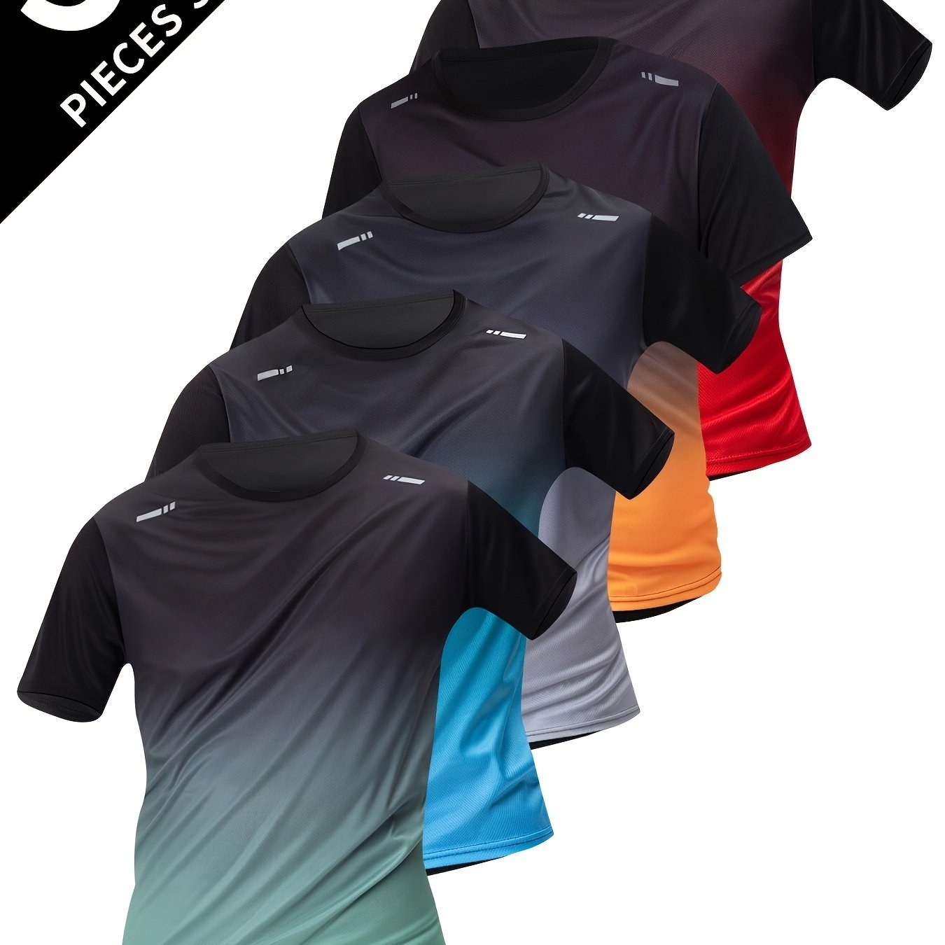 5pcs Men's Gradient Color Short Sleeve Crew Neck T-Shirts - Breathable, Quick-Dry Running & Fitness Shirts in Black, Red, Gray, Blue & Green Ombre Design, Gym Shirts
