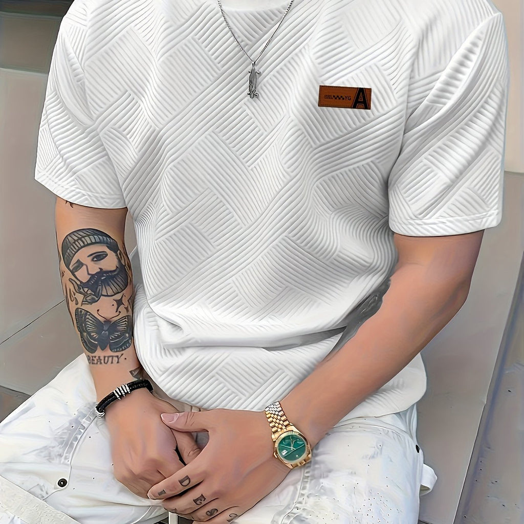 Men'S Casual Beige 3D-Cut Pattern Short Sleeve T-Shirt - 100% Polyester, Lightweight Knit Fabric, Slight Stretch, Regular Fit, Crew Neck, Fashion Color Top for Casual Attire, Leisure Clothing | Fashion Color Top | 3D-Cut Desi
