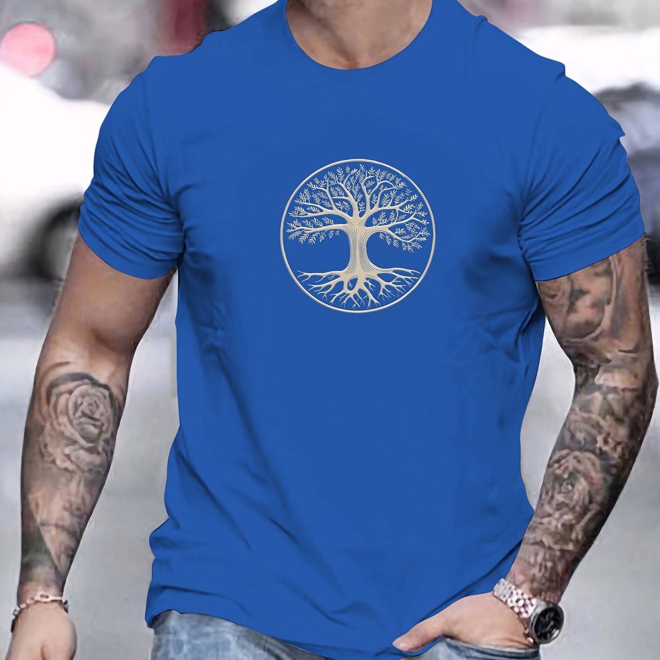 Camiseta masculina minimalista com estampa de árvore - preta e dourada, camiseta de verão respirável para uso diário e formal