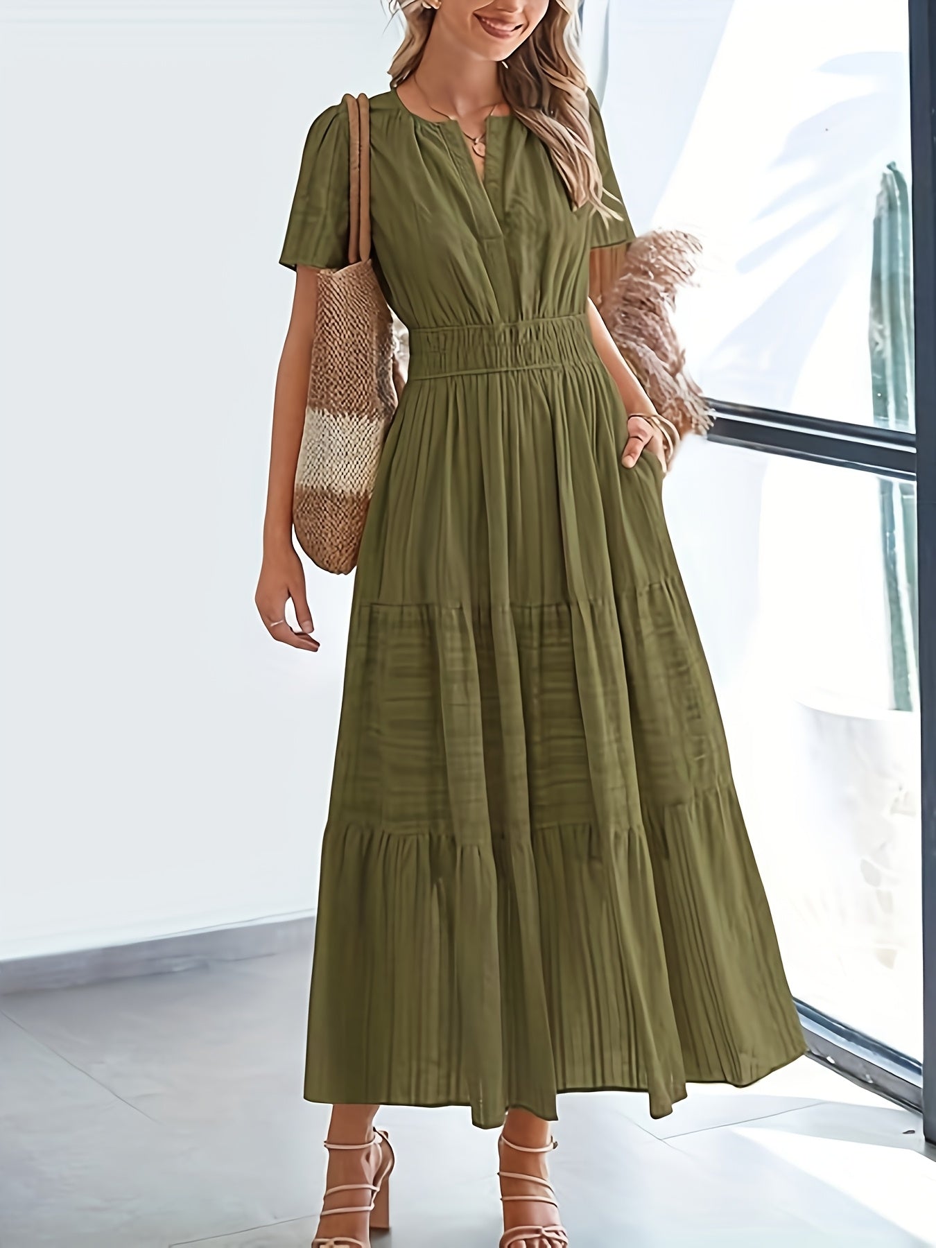 Elegant Navy Blue V-Neck Pleated Maxi Dress for Women - Summer Fashion with Ruffled Hem, Short Sleeves, and Cinched Waist, Polyester Fabric, Machine Washable, Cute Dress