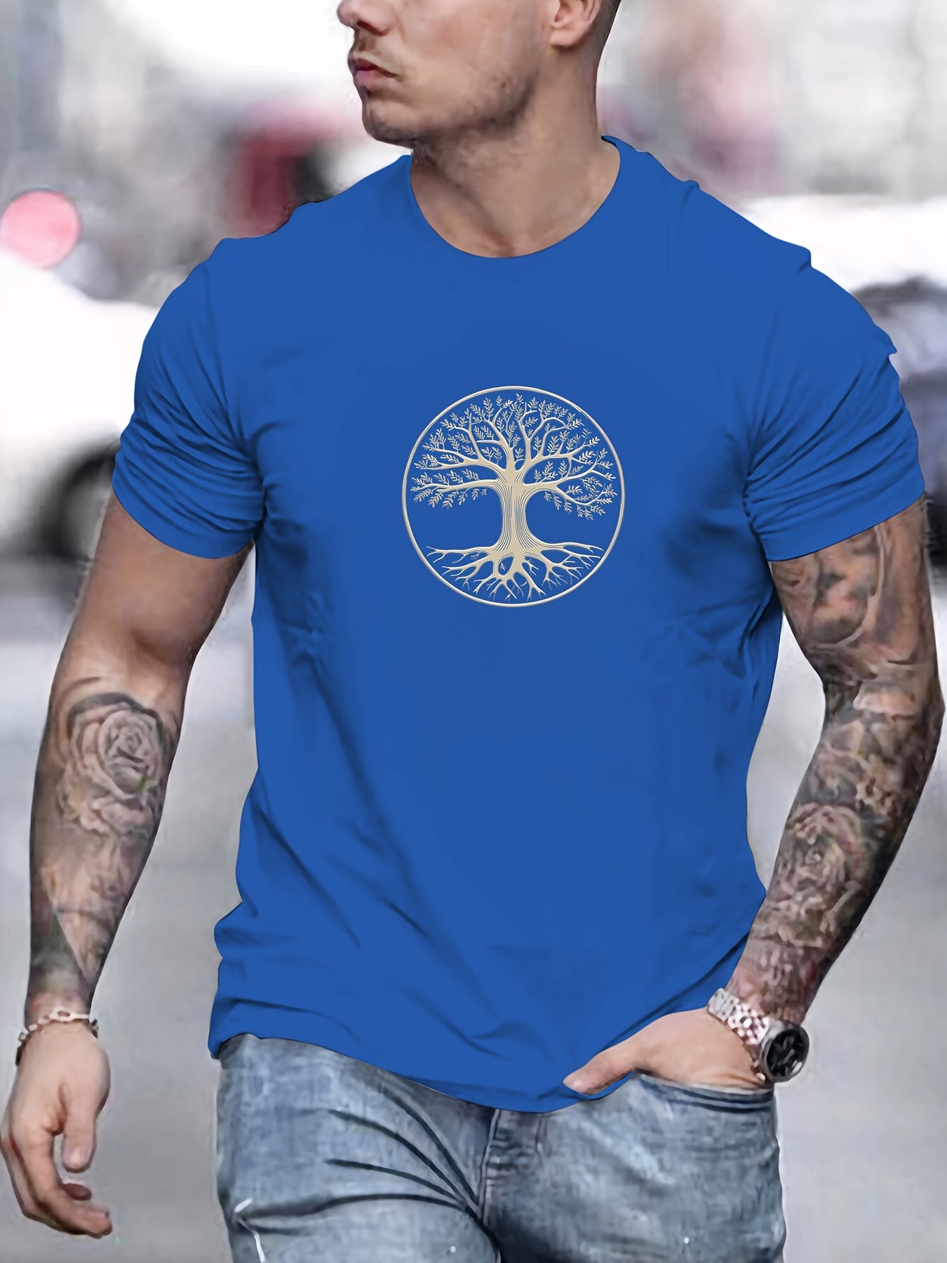 Camiseta masculina minimalista com estampa de árvore - preta e dourada, camiseta de verão respirável para uso diário e formal