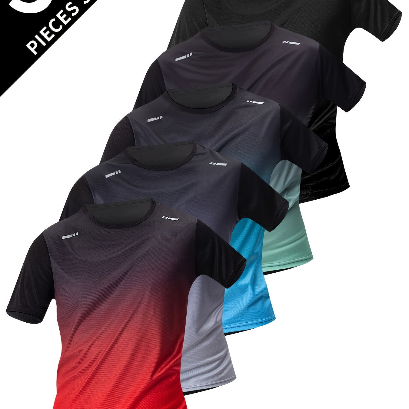 5pcs Men's Gradient Color Short Sleeve Crew Neck T-Shirts - Breathable, Quick-Dry Running & Fitness Shirts in Black, Red, Gray, Blue & Green Ombre Design, Gym Shirts