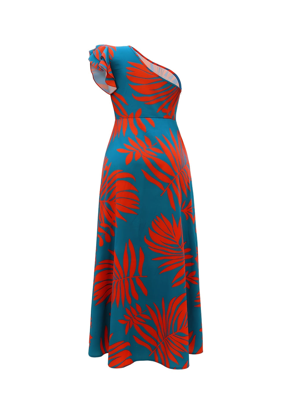 1pc Women'S Tropical Print Maxi Dress, One-Shoulder Ruffle Detail, Polyester A-Line Pendulum Style, Casual Spring/Summer/Fall Wear
