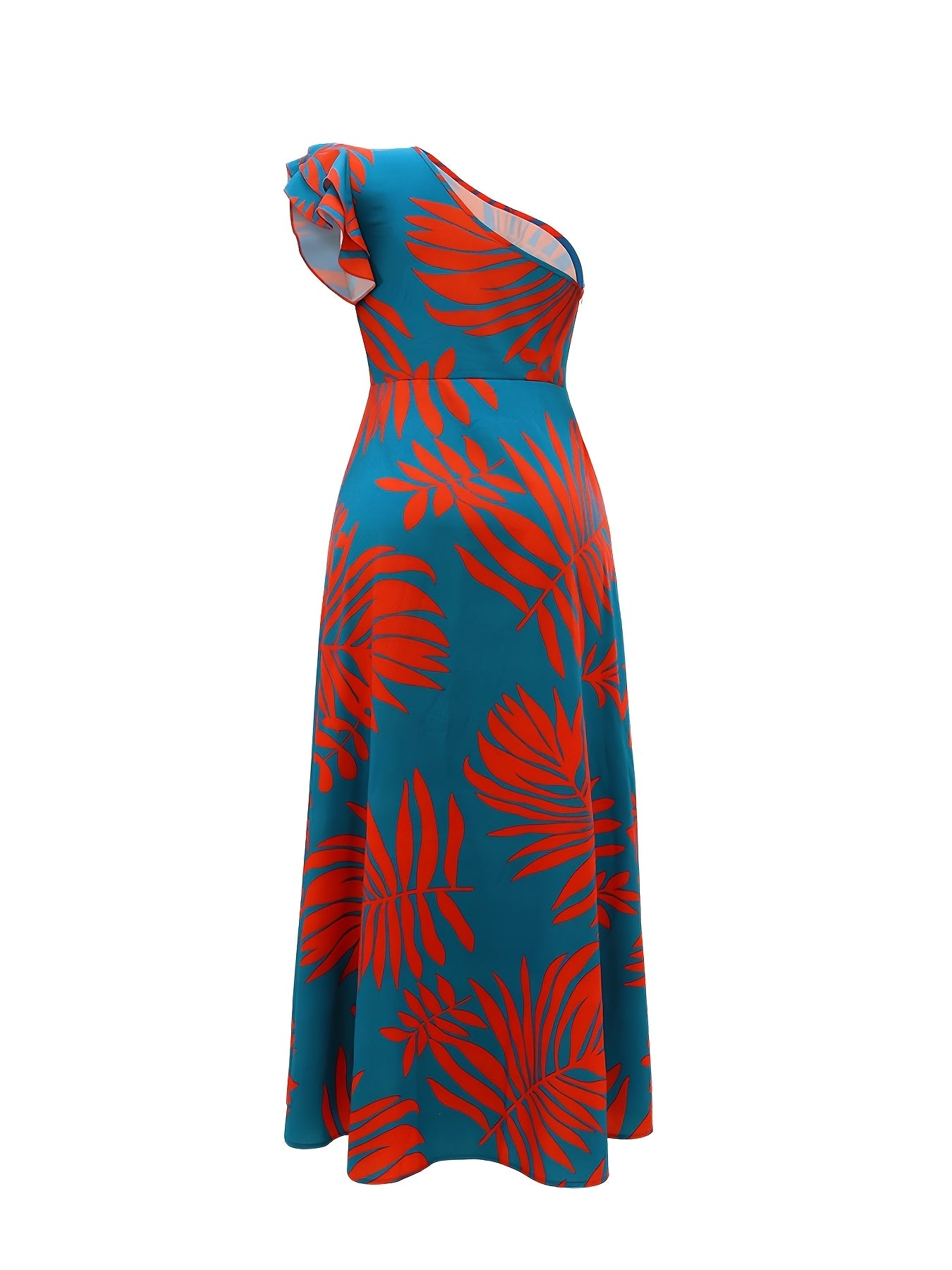 1pc Women'S Tropical Print Maxi Dress, One-Shoulder Ruffle Detail, Polyester A-Line Pendulum Style, Casual Spring/Summer/Fall Wear