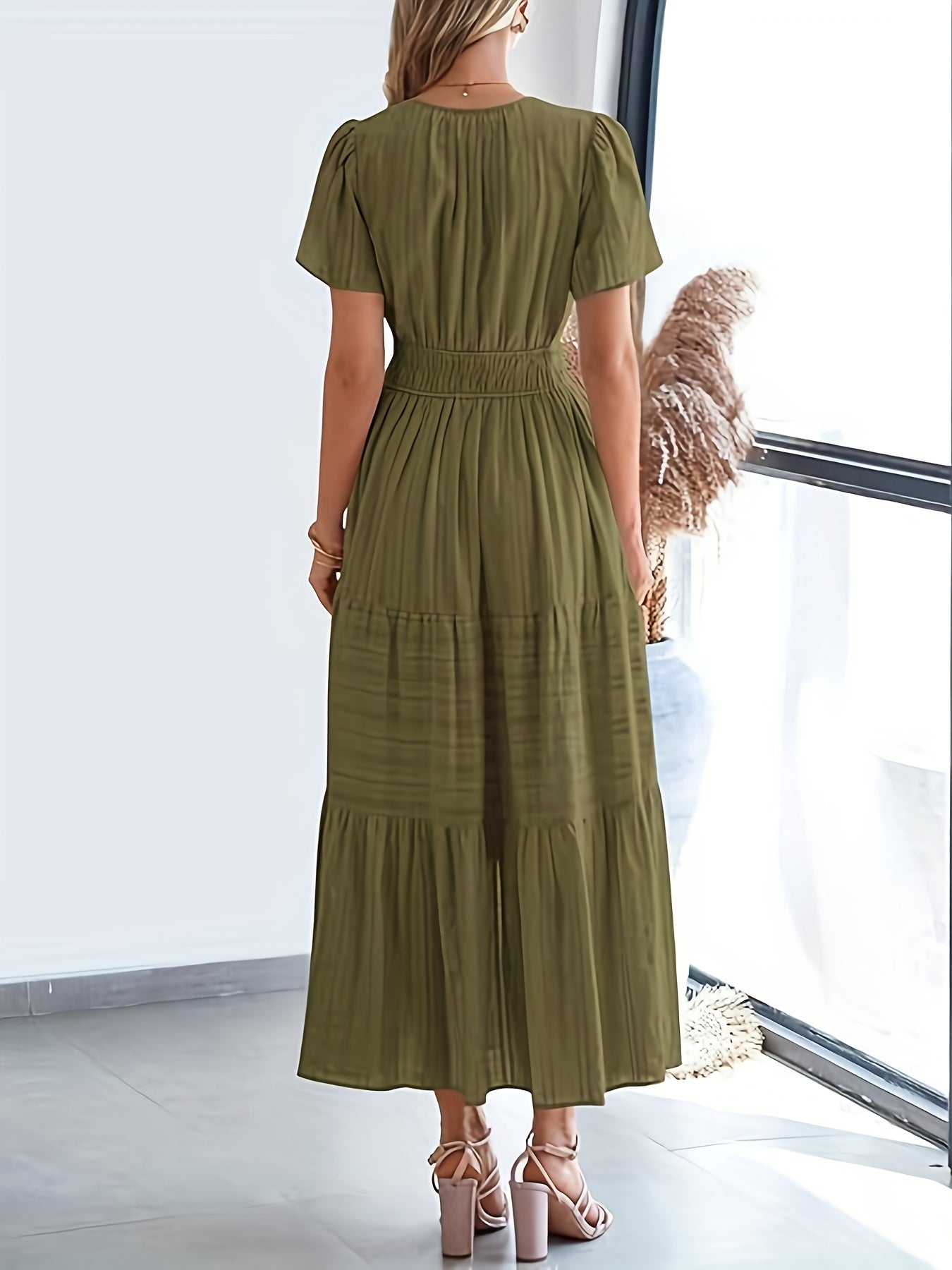 Elegant Navy Blue V-Neck Pleated Maxi Dress for Women - Summer Fashion with Ruffled Hem, Short Sleeves, and Cinched Waist, Polyester Fabric, Machine Washable, Cute Dress