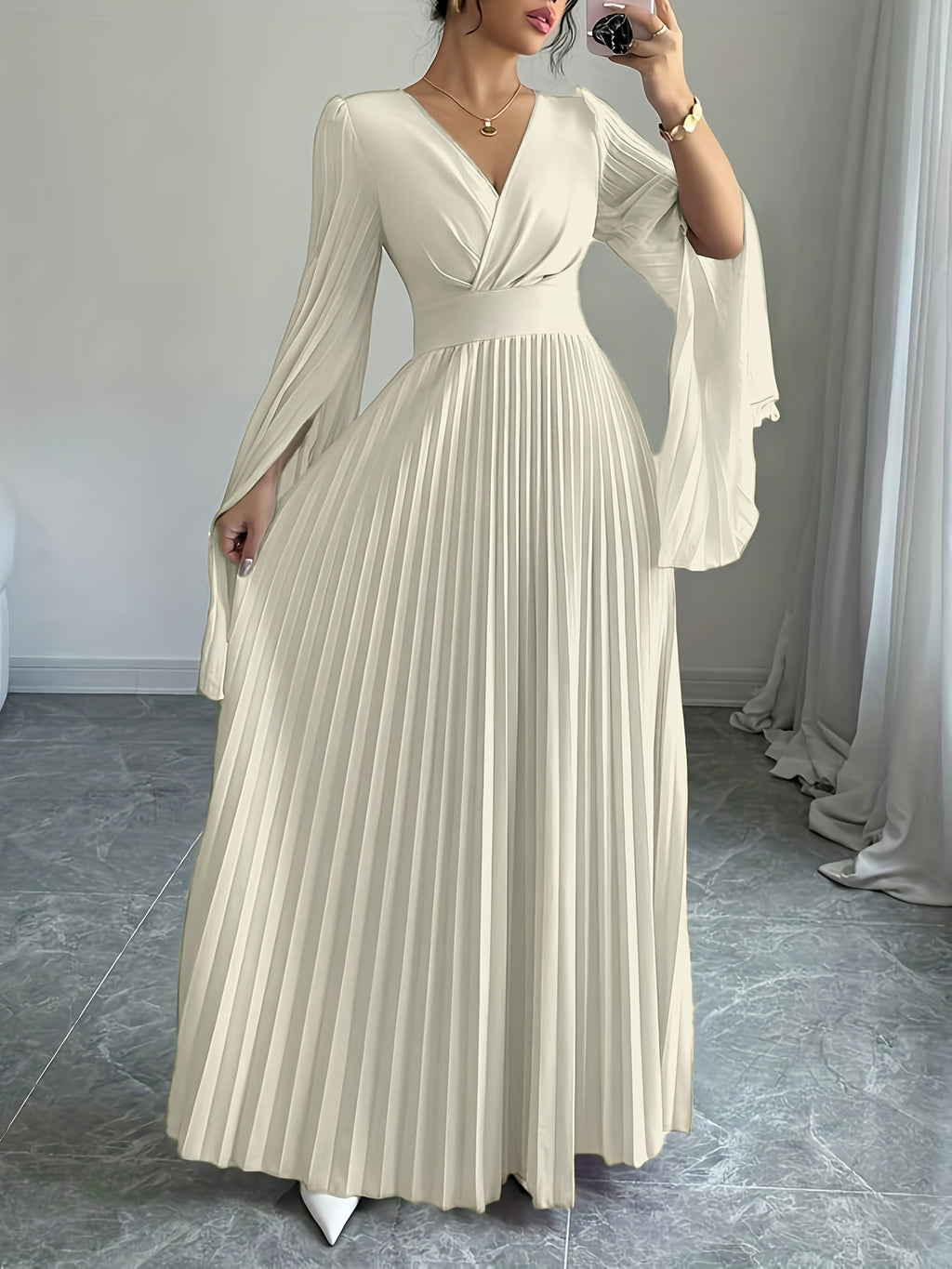 Women's Elegant V-Neck Pleated Open Sleeve Maxi Dress - Fitted Solid Black Machine-Washable Lightweight Spring/Summer Romantic Formal & Casual Outfit