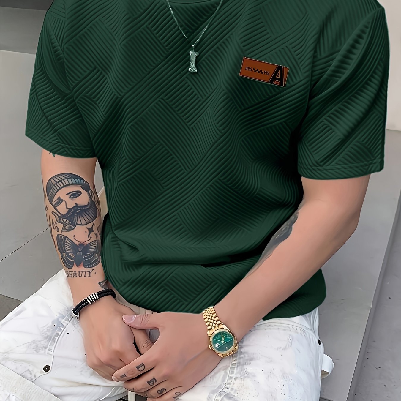 Men'S Casual Beige 3D-Cut Pattern Short Sleeve T-Shirt - 100% Polyester, Lightweight Knit Fabric, Slight Stretch, Regular Fit, Crew Neck, Fashion Color Top for Casual Attire, Leisure Clothing | Fashion Color Top | 3D-Cut Desi