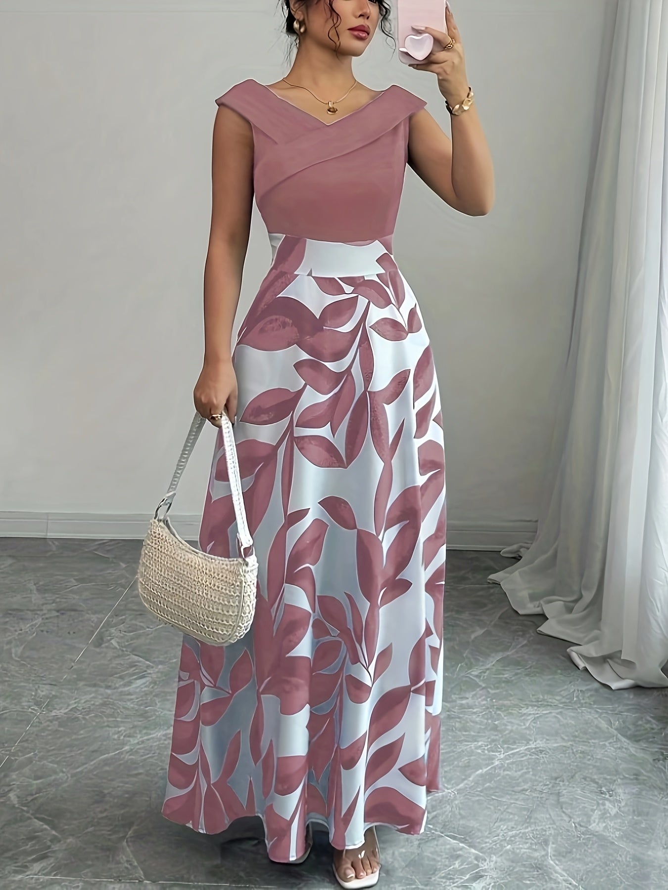 Elegant V-Neck Floral Print A-Line Maxi Dress with Pockets - Green Leaf Pattern, Short Sleeve, Cinched Waist, Flowy Skirt, Perfect for Summer, Casual to Formal Wear, Casual Summer Dress | Vneck Dress | Cinched Waist Design