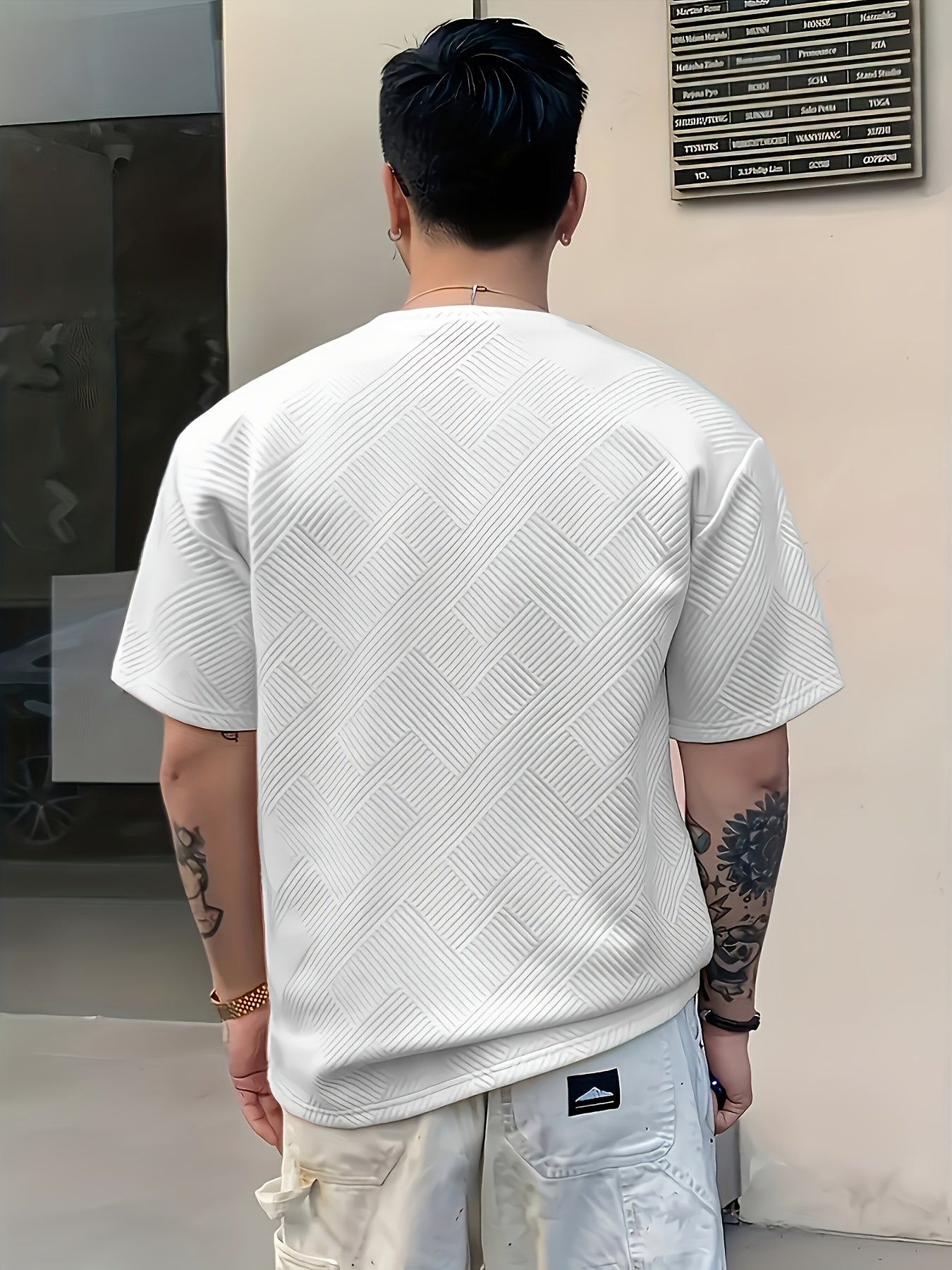 Men'S Casual Beige 3D-Cut Pattern Short Sleeve T-Shirt - 100% Polyester, Lightweight Knit Fabric, Slight Stretch, Regular Fit, Crew Neck, Fashion Color Top for Casual Attire, Leisure Clothing | Fashion Color Top | 3D-Cut Desi