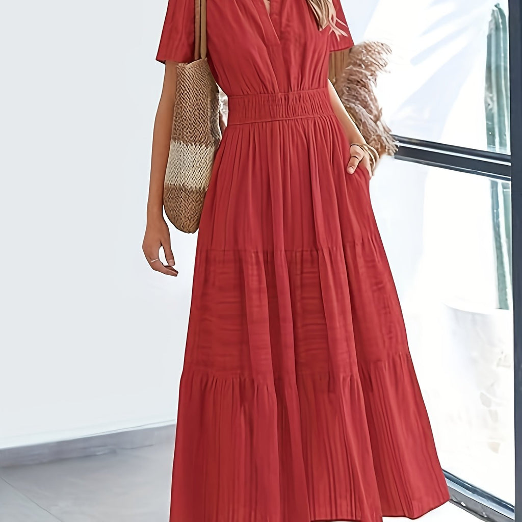 Elegant Navy Blue V-Neck Pleated Maxi Dress for Women - Summer Fashion with Ruffled Hem, Short Sleeves, and Cinched Waist, Polyester Fabric, Machine Washable, Cute Dress