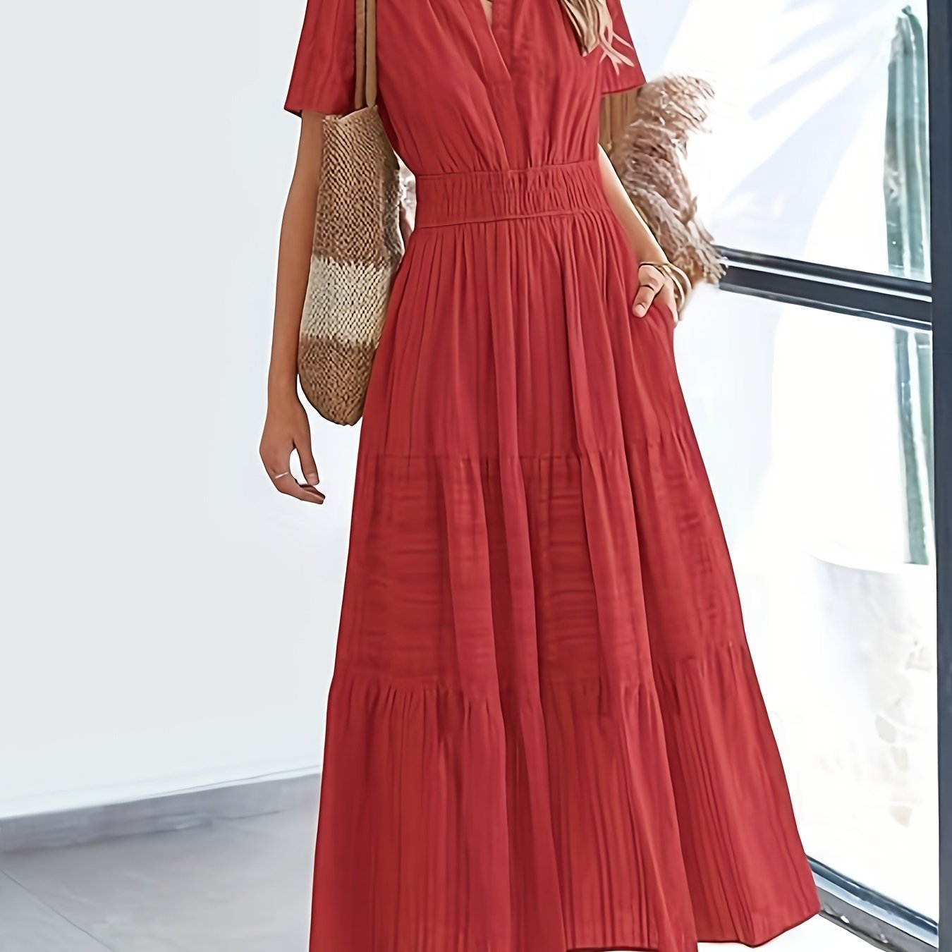 Elegant Navy Blue V-Neck Pleated Maxi Dress for Women - Summer Fashion with Ruffled Hem, Short Sleeves, and Cinched Waist, Polyester Fabric, Machine Washable, Cute Dress