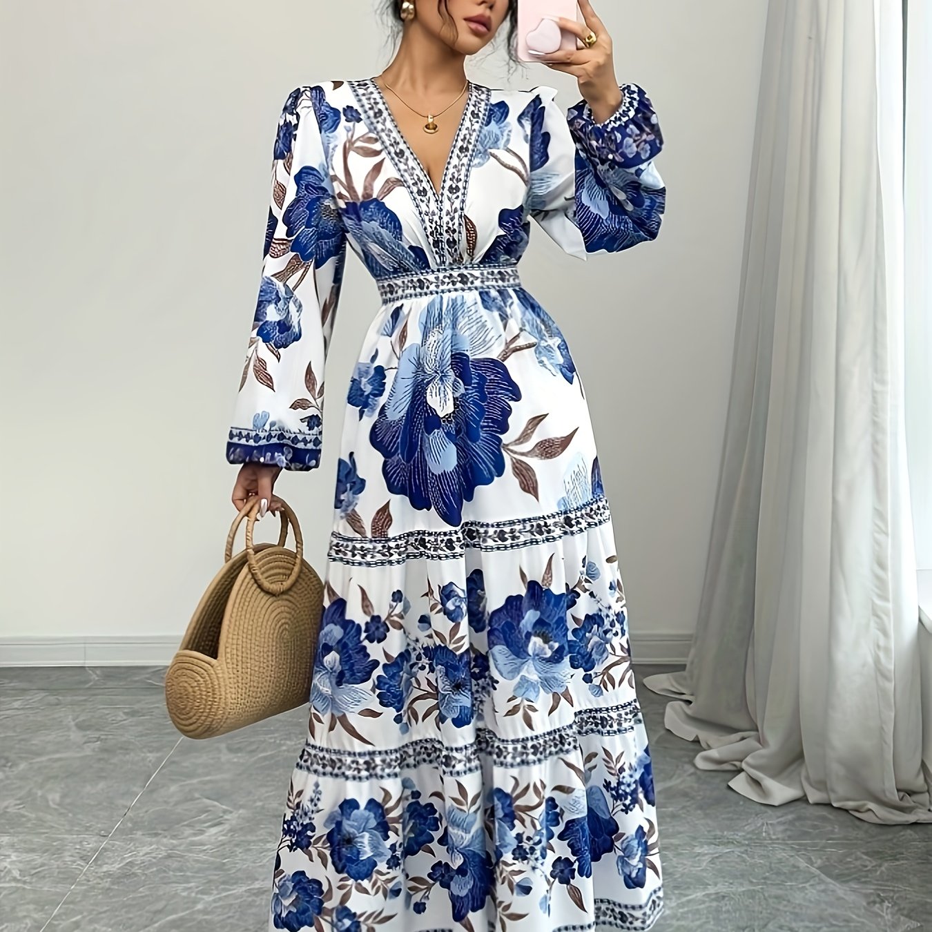 Women's Vacation Casual Floral Allover Print Lantern Sleeve Long Dress m186