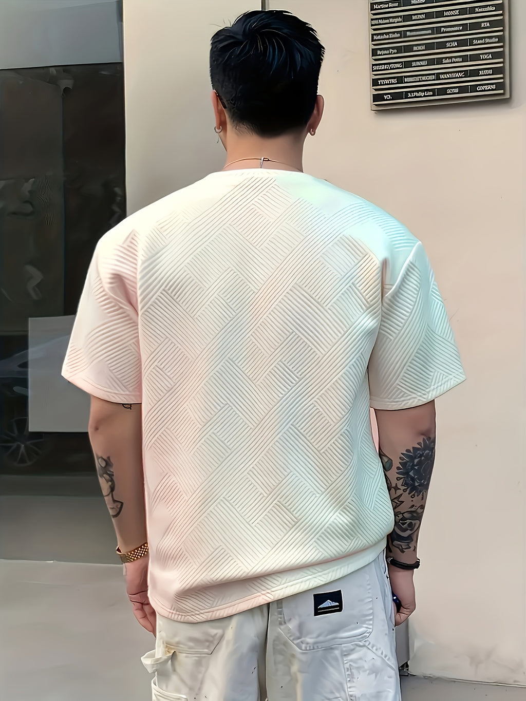 Men'S Casual Beige 3D-Cut Pattern Short Sleeve T-Shirt - 100% Polyester, Lightweight Knit Fabric, Slight Stretch, Regular Fit, Crew Neck, Fashion Color Top for Casual Attire, Leisure Clothing | Fashion Color Top | 3D-Cut Desi