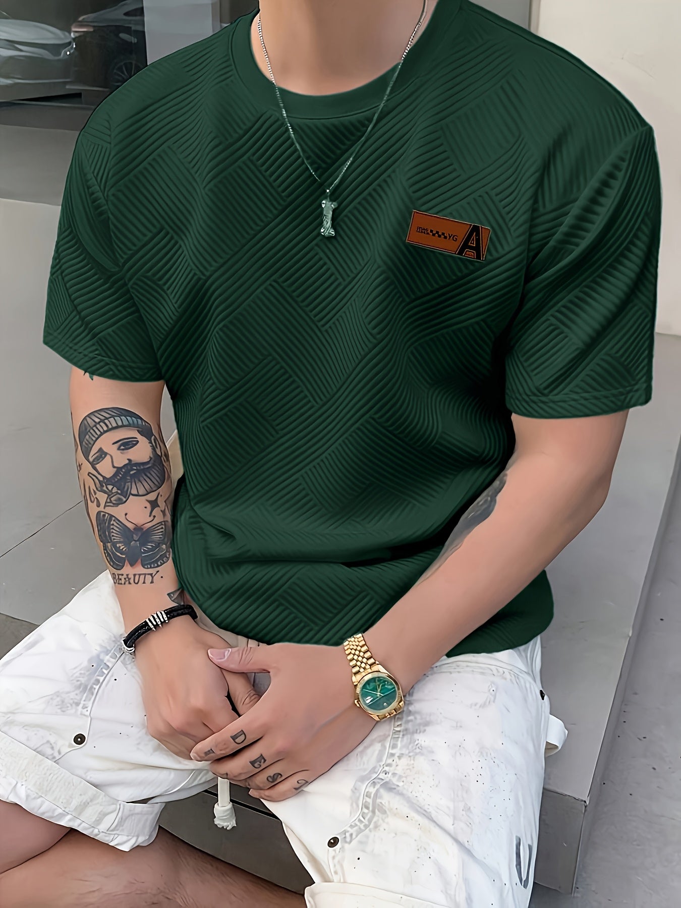 Men'S Casual Beige 3D-Cut Pattern Short Sleeve T-Shirt - 100% Polyester, Lightweight Knit Fabric, Slight Stretch, Regular Fit, Crew Neck, Fashion Color Top for Casual Attire, Leisure Clothing | Fashion Color Top | 3D-Cut Desi