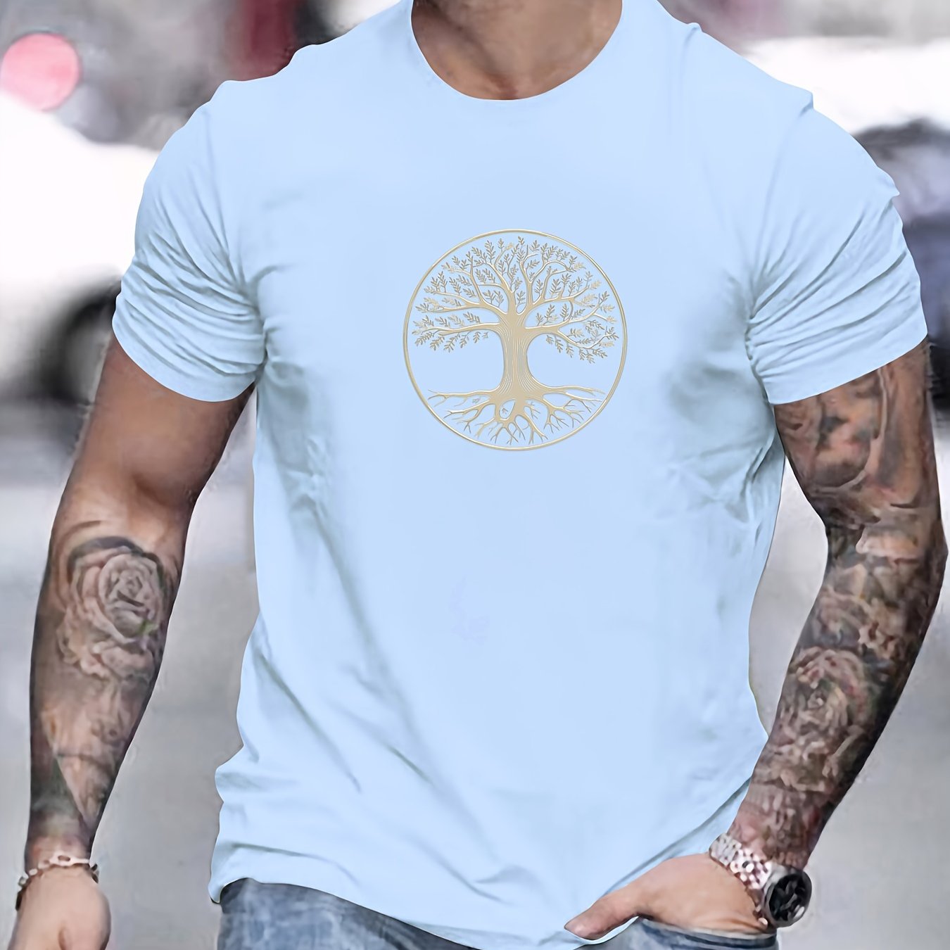 Camiseta masculina minimalista com estampa de árvore - preta e dourada, camiseta de verão respirável para uso diário e formal