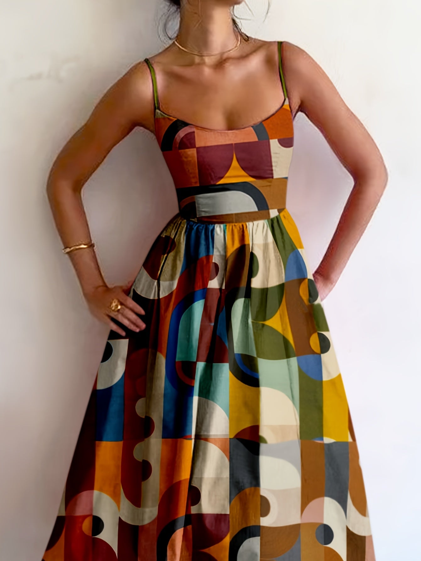 2025 Colorful Retro Geometric Print Spaghetti Strap Dress Sweet Youthful Elegant Bohemian Vacation Style Adjustable Thin Straps Beach Sleeveless Mid-Length Spaghetti Strap Dress Summer Unique Special Holiday Gift Dress Beachw