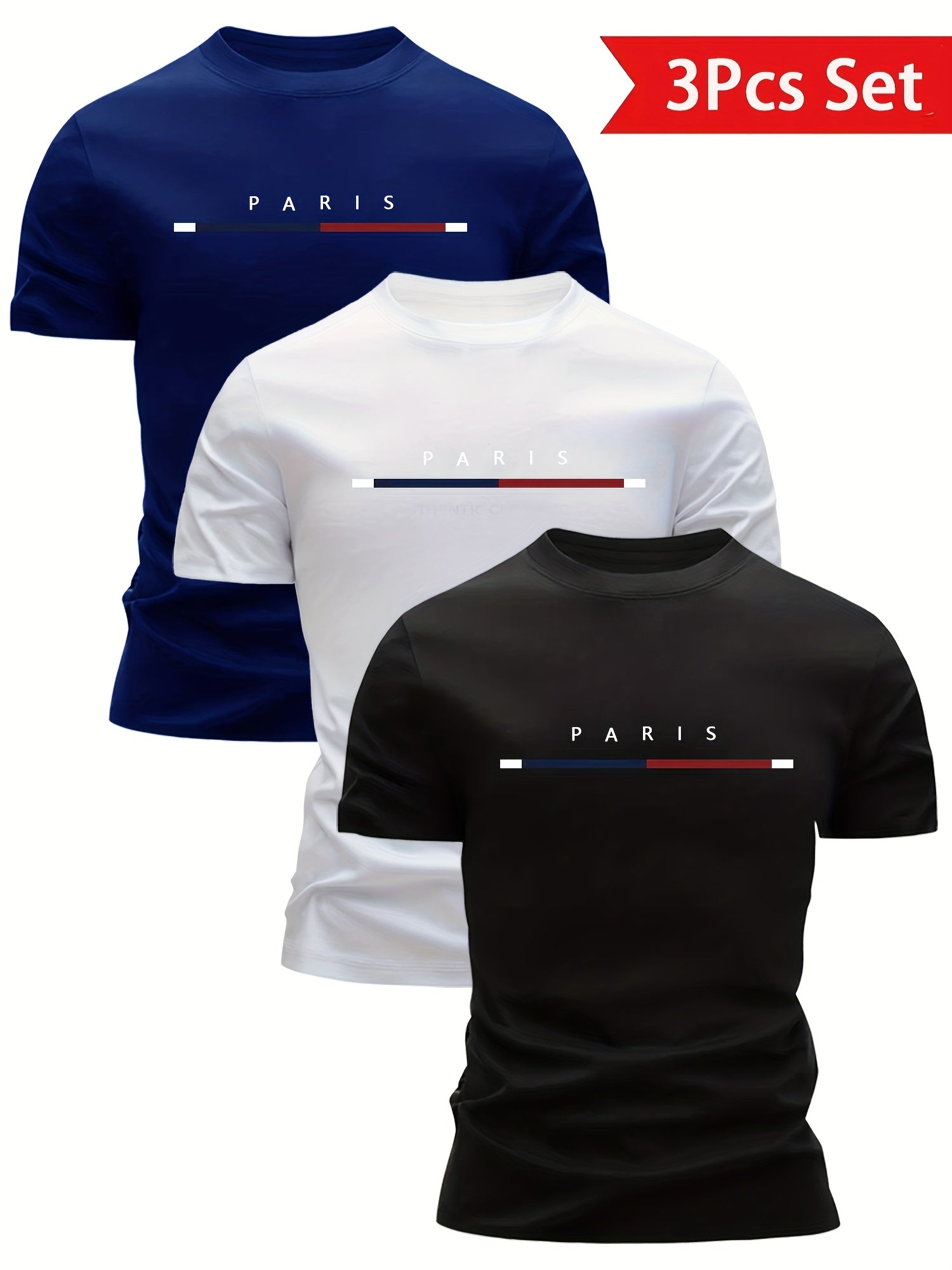 3pcs Mixed Print Tri-Color Stripe Pattern Men's Ultra-Light Short Sleeve T-Shirt - Quick-Dry, Breathable, Sweat-Absorbent Casual Summer Shirt with Crew Neck Design