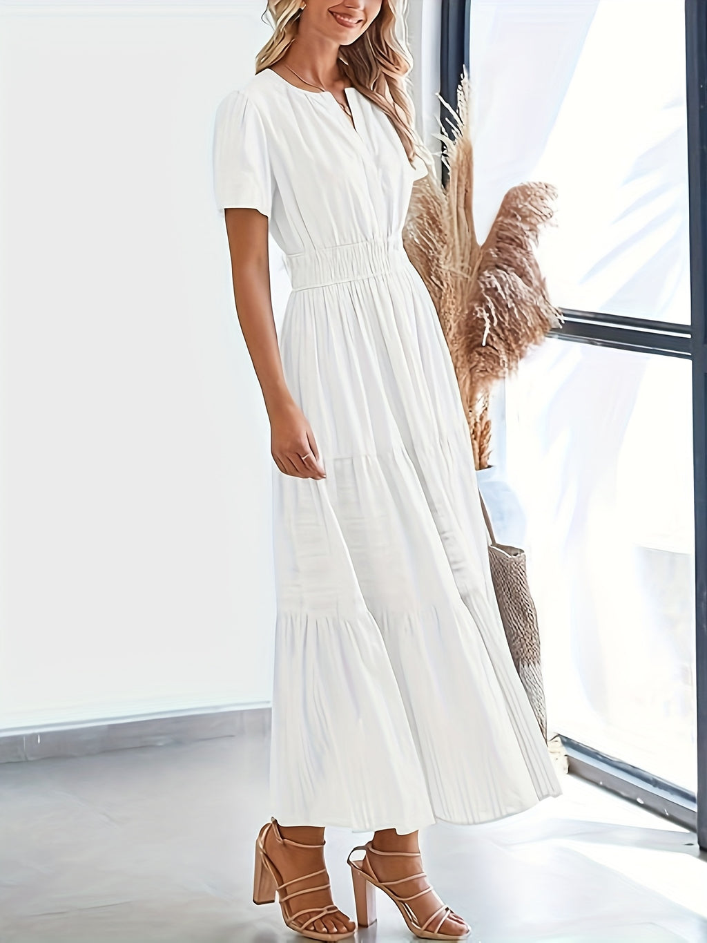 Elegant Navy Blue V-Neck Pleated Maxi Dress for Women - Summer Fashion with Ruffled Hem, Short Sleeves, and Cinched Waist, Polyester Fabric, Machine Washable, Cute Dress