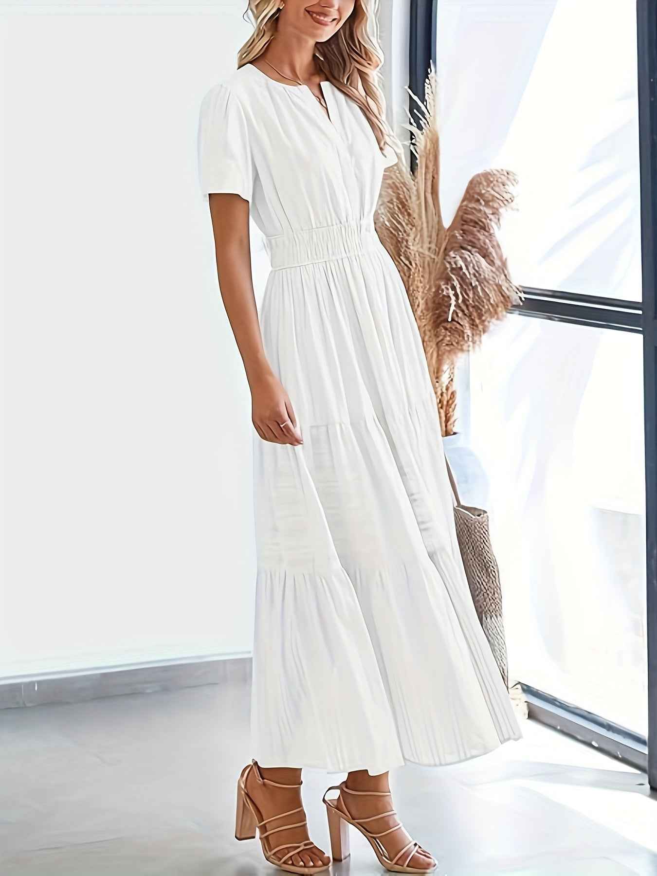 Elegant Navy Blue V-Neck Pleated Maxi Dress for Women - Summer Fashion with Ruffled Hem, Short Sleeves, and Cinched Waist, Polyester Fabric, Machine Washable, Cute Dress