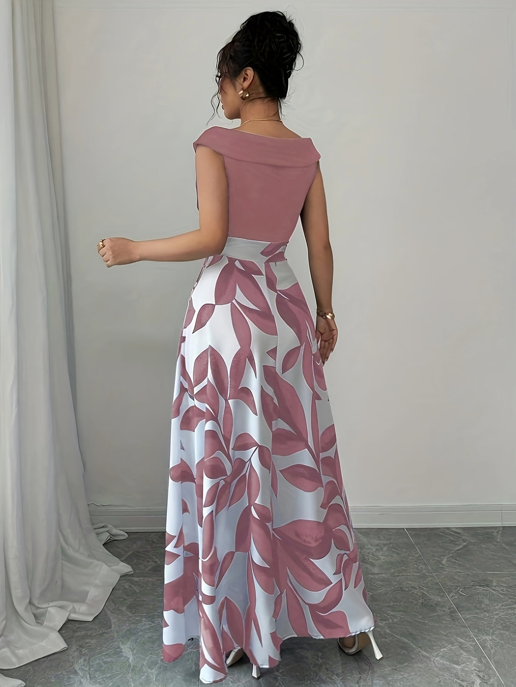 Elegant V-Neck Floral Print A-Line Maxi Dress with Pockets - Green Leaf Pattern, Short Sleeve, Cinched Waist, Flowy Skirt, Perfect for Summer, Casual to Formal Wear, Casual Summer Dress | Vneck Dress | Cinched Waist Design