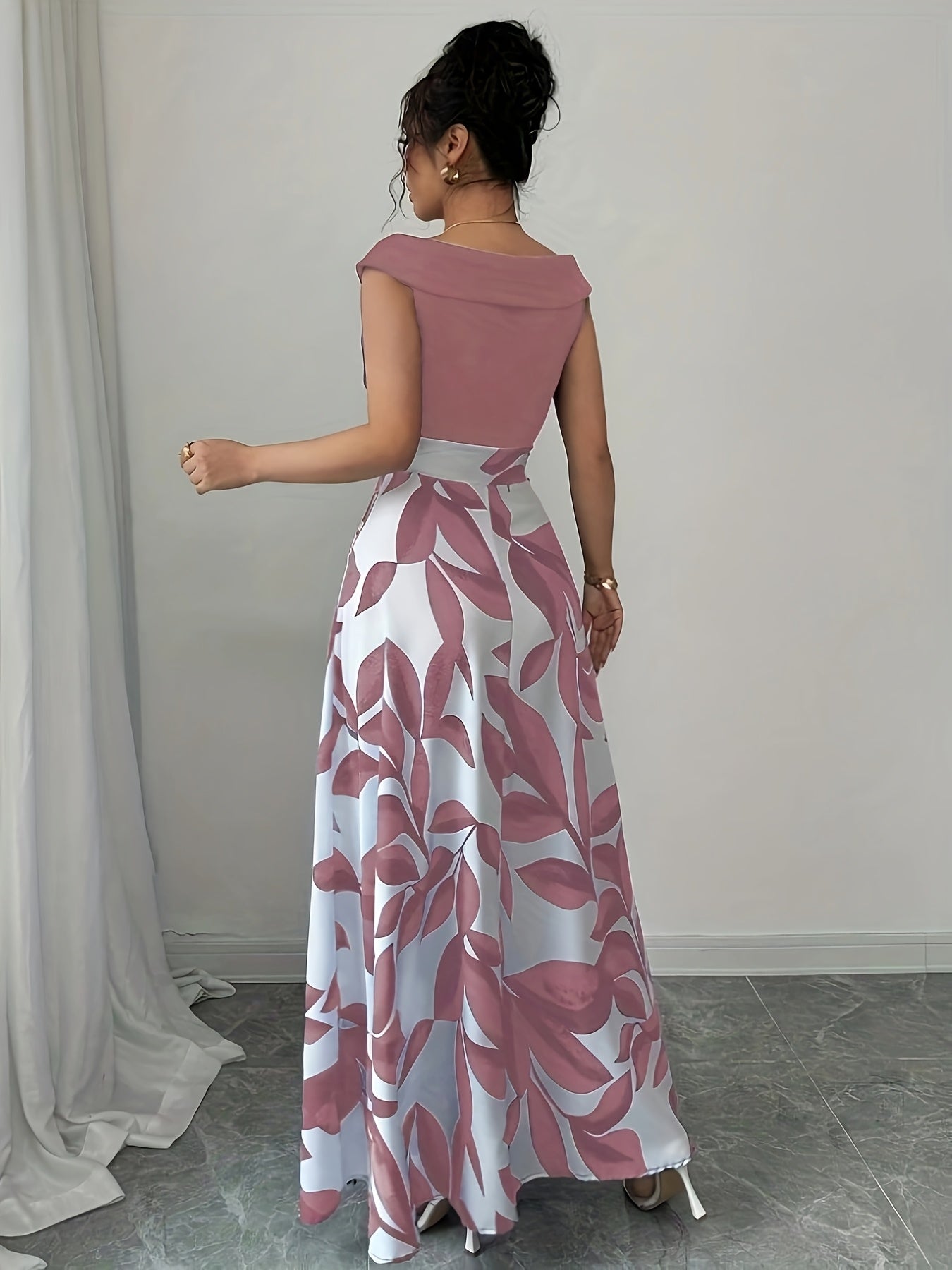 Elegant V-Neck Floral Print A-Line Maxi Dress with Pockets - Green Leaf Pattern, Short Sleeve, Cinched Waist, Flowy Skirt, Perfect for Summer, Casual to Formal Wear, Casual Summer Dress | Vneck Dress | Cinched Waist Design