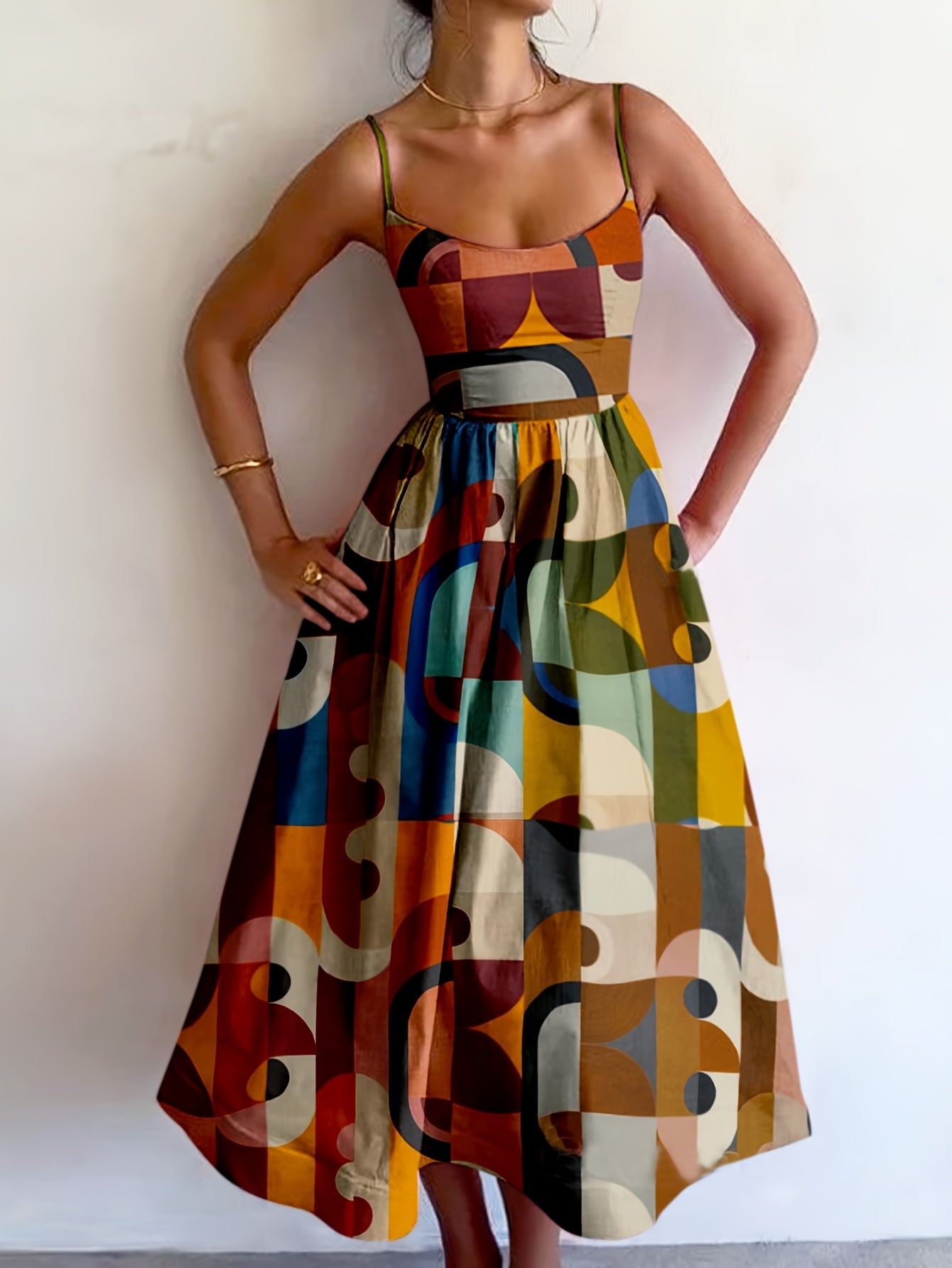 2025 Colorful Retro Geometric Print Spaghetti Strap Dress Sweet Youthful Elegant Bohemian Vacation Style Adjustable Thin Straps Beach Sleeveless Mid-Length Spaghetti Strap Dress Summer Unique Special Holiday Gift Dress Beachw