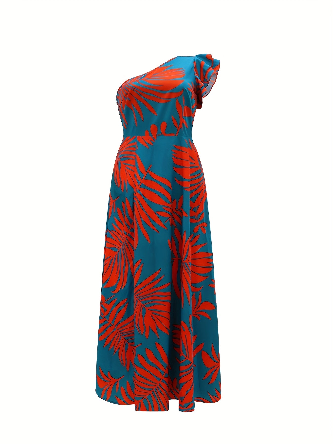 1pc Women'S Tropical Print Maxi Dress, One-Shoulder Ruffle Detail, Polyester A-Line Pendulum Style, Casual Spring/Summer/Fall Wear