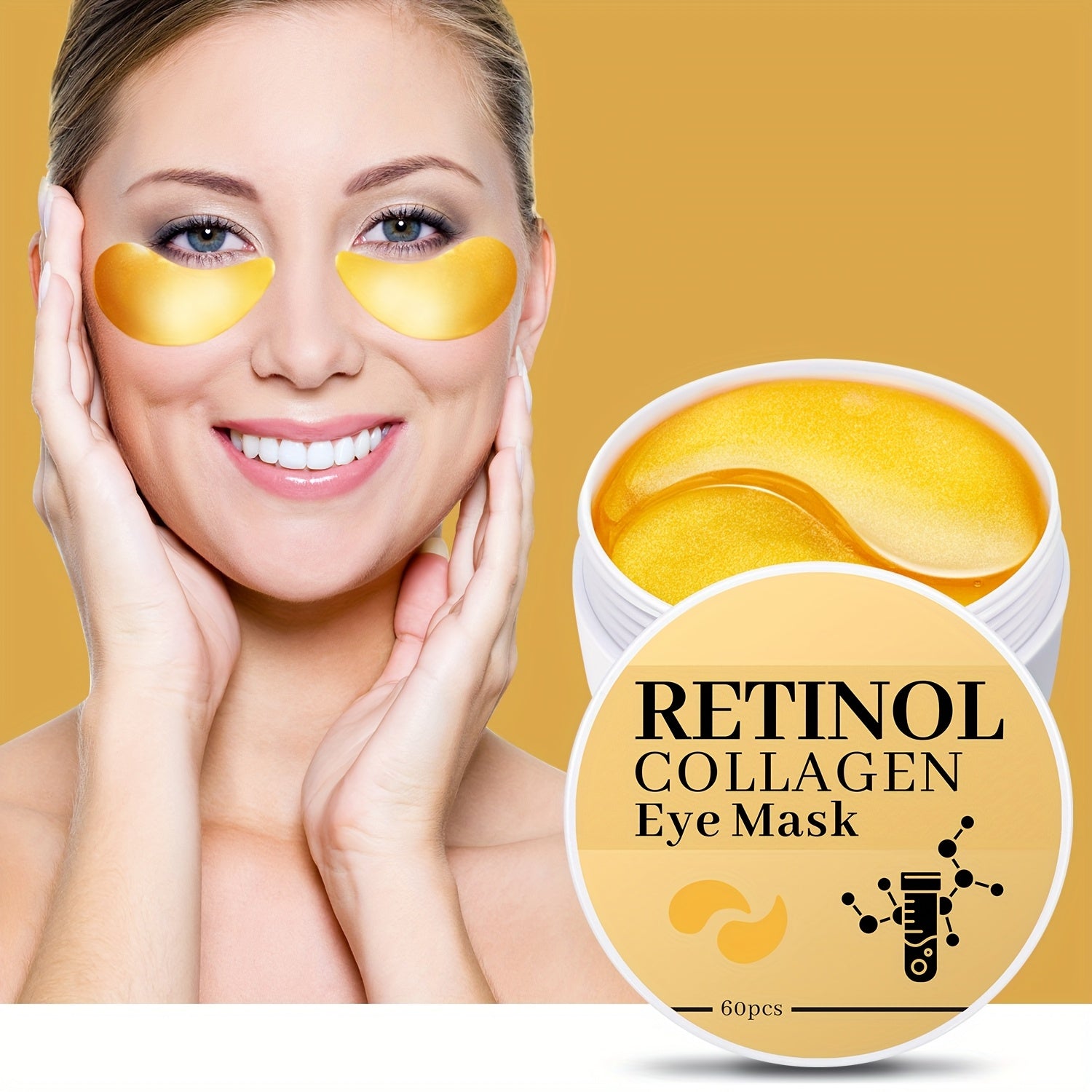 60pcs of Golden retinol and collagen eye masks. They can enhance the eye Light Beige, stretch and firm it, provide super moisturization to the eye Light Beige, and smooth fine lines. They are products all year round, suitable