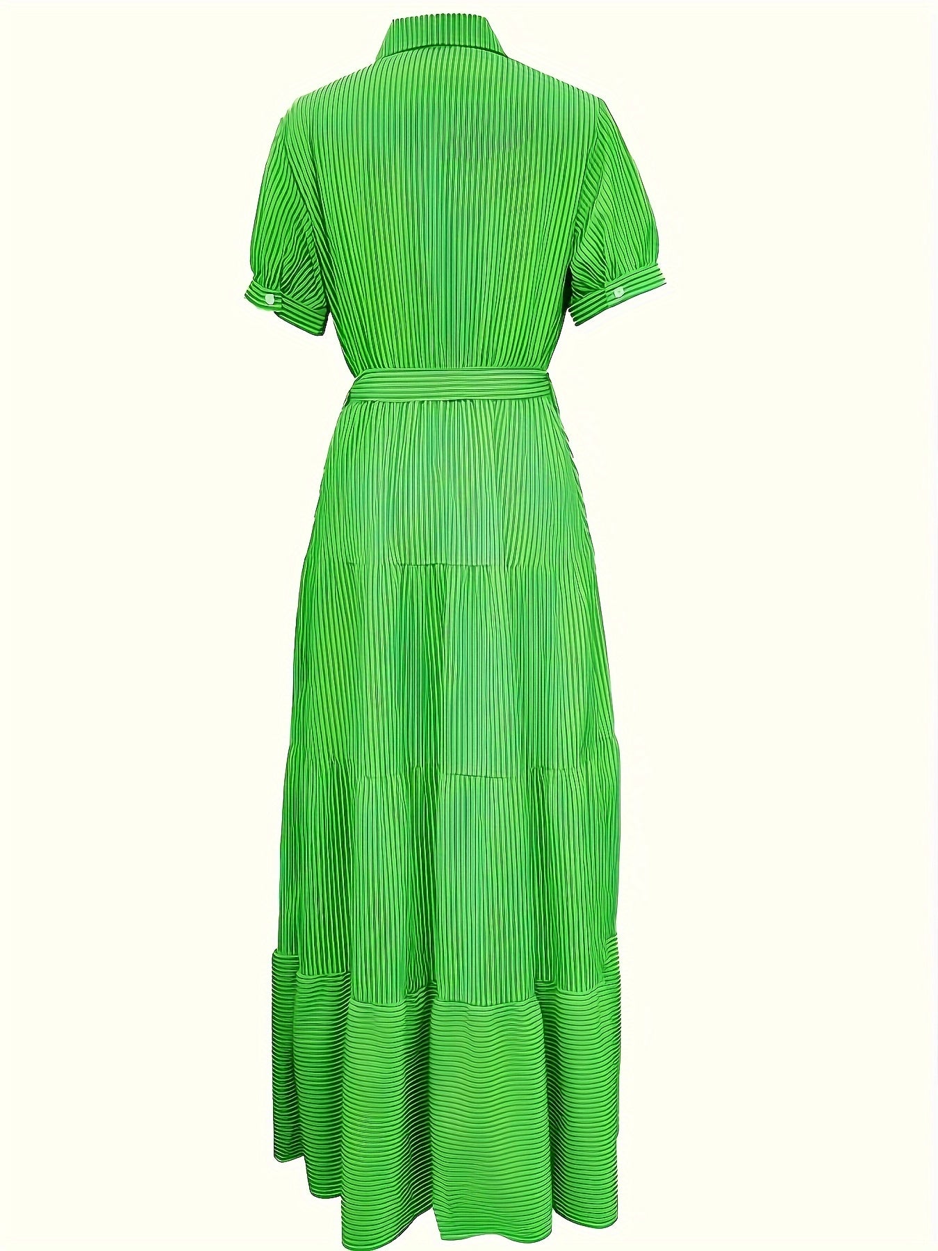 [1pc Striped Tunic Dress Vacation] 1pc FD492 Summer Vacation Style Striped Tunic Dress, Polyester 95% Elastane 5%, Lapel Collar with Belt Detail, Woven Midi Length for Adults