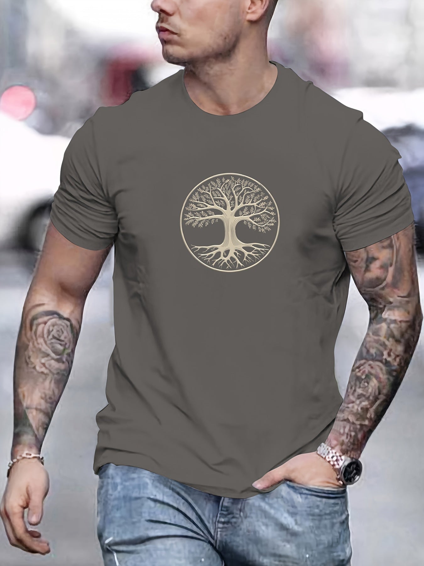 Camiseta masculina minimalista com estampa de árvore - preta e dourada, camiseta de verão respirável para uso diário e formal