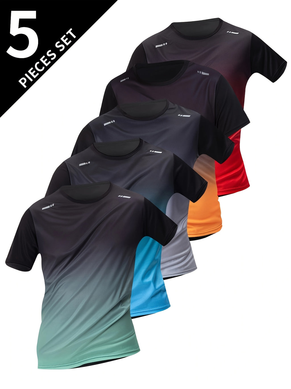 5pcs Men's Gradient Color Short Sleeve Crew Neck T-Shirts - Breathable, Quick-Dry Running & Fitness Shirts in Black, Red, Gray, Blue & Green Ombre Design, Gym Shirts