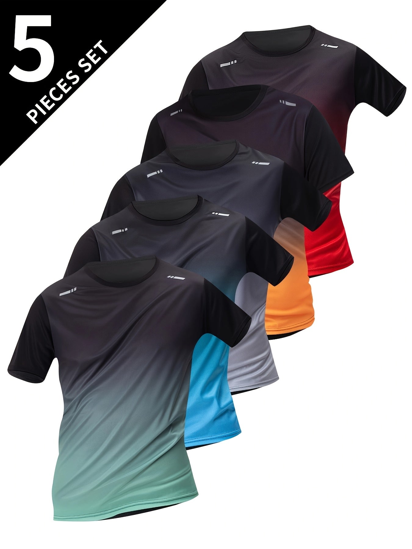 5pcs Men's Gradient Color Short Sleeve Crew Neck T-Shirts - Breathable, Quick-Dry Running & Fitness Shirts in Black, Red, Gray, Blue & Green Ombre Design, Gym Shirts