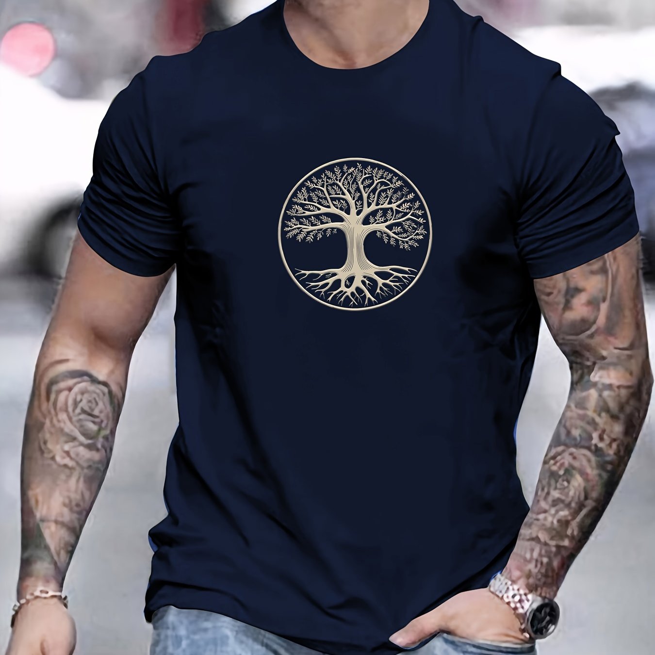 Camiseta masculina minimalista com estampa de árvore - preta e dourada, camiseta de verão respirável para uso diário e formal