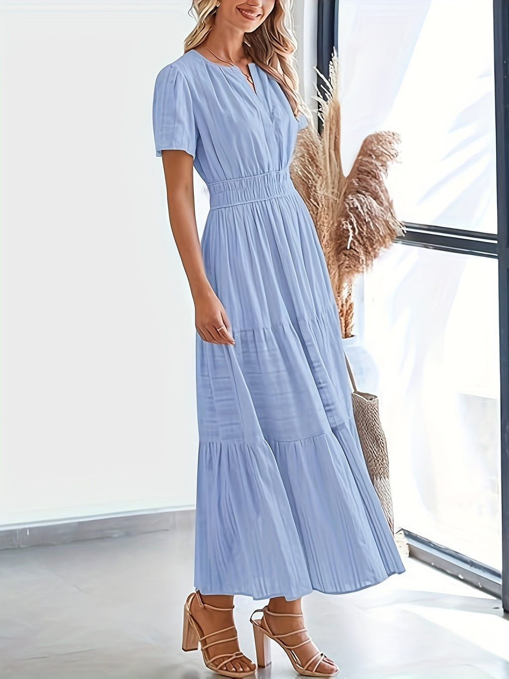Elegant Navy Blue V-Neck Pleated Maxi Dress for Women - Summer Fashion with Ruffled Hem, Short Sleeves, and Cinched Waist, Polyester Fabric, Machine Washable, Cute Dress