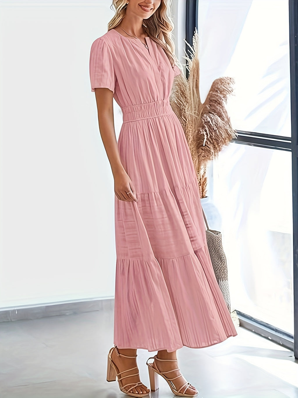 Elegant Navy Blue V-Neck Pleated Maxi Dress for Women - Summer Fashion with Ruffled Hem, Short Sleeves, and Cinched Waist, Polyester Fabric, Machine Washable, Cute Dress
