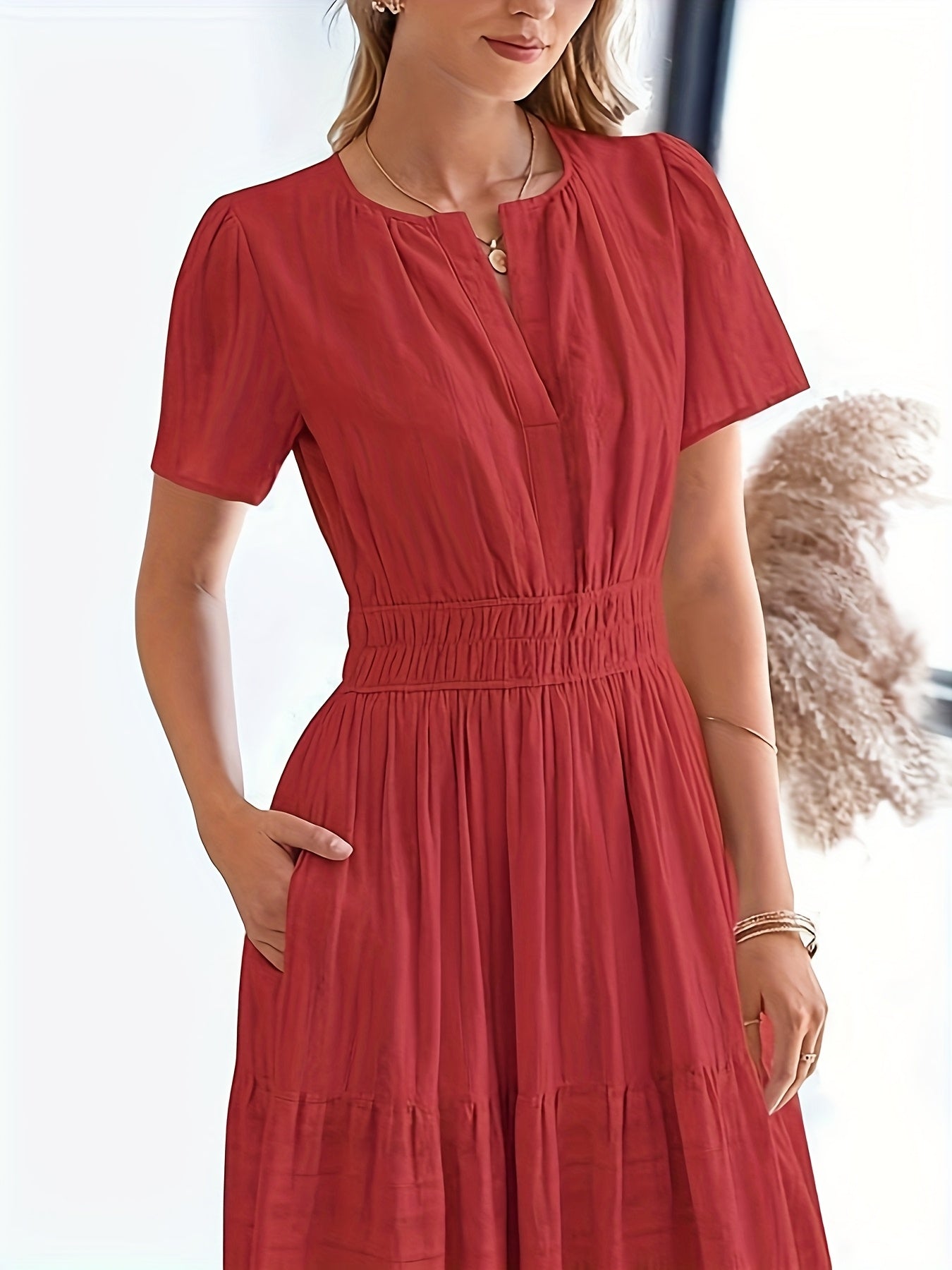 Elegant Navy Blue V-Neck Pleated Maxi Dress for Women - Summer Fashion with Ruffled Hem, Short Sleeves, and Cinched Waist, Polyester Fabric, Machine Washable, Cute Dress