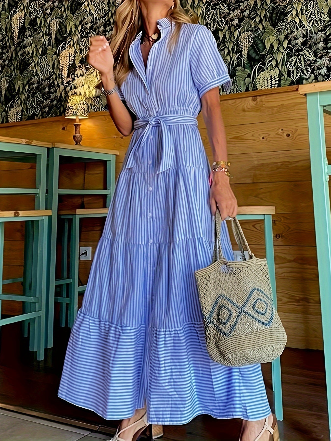 [1pc Striped Tunic Dress Vacation] 1pc FD492 Summer Vacation Style Striped Tunic Dress, Polyester 95% Elastane 5%, Lapel Collar with Belt Detail, Woven Midi Length for Adults