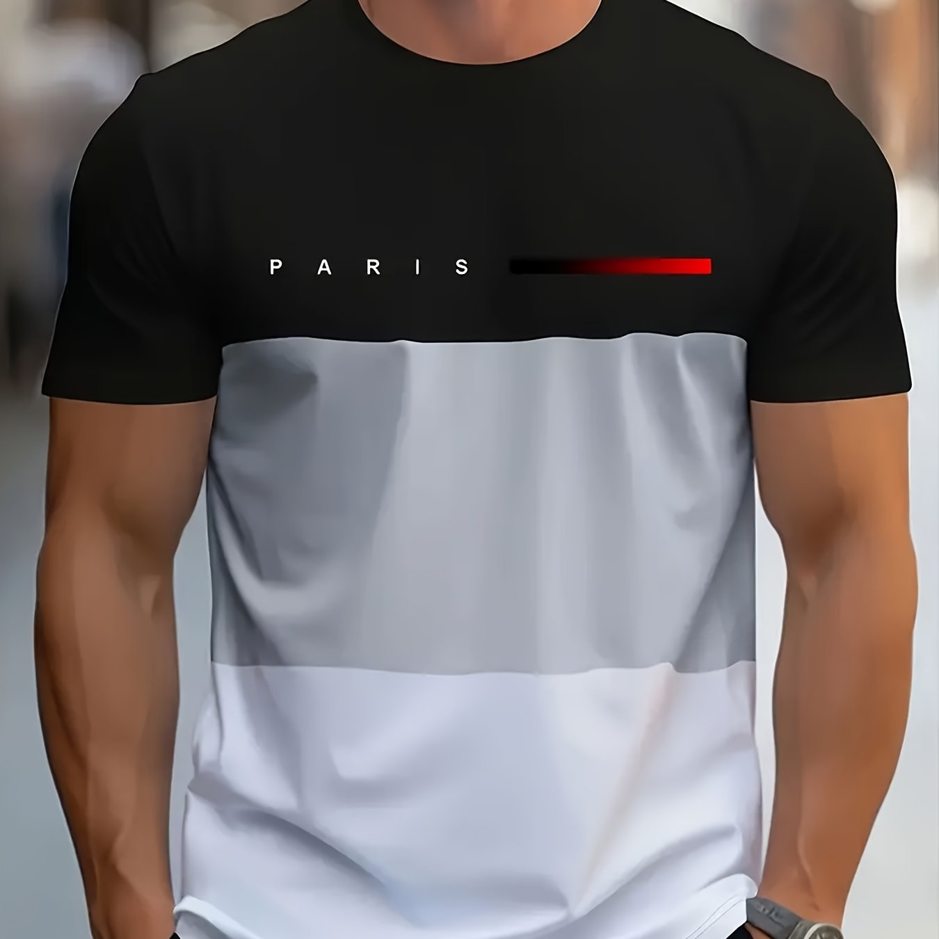 Men's Paris-Inspired 3D Print T-Shirt - Stylish Two-Tone Short Sleeve with Eiffel Tower Graphic, Casual Round Neck, Polyester Blend, Perfect for Summer Leisure