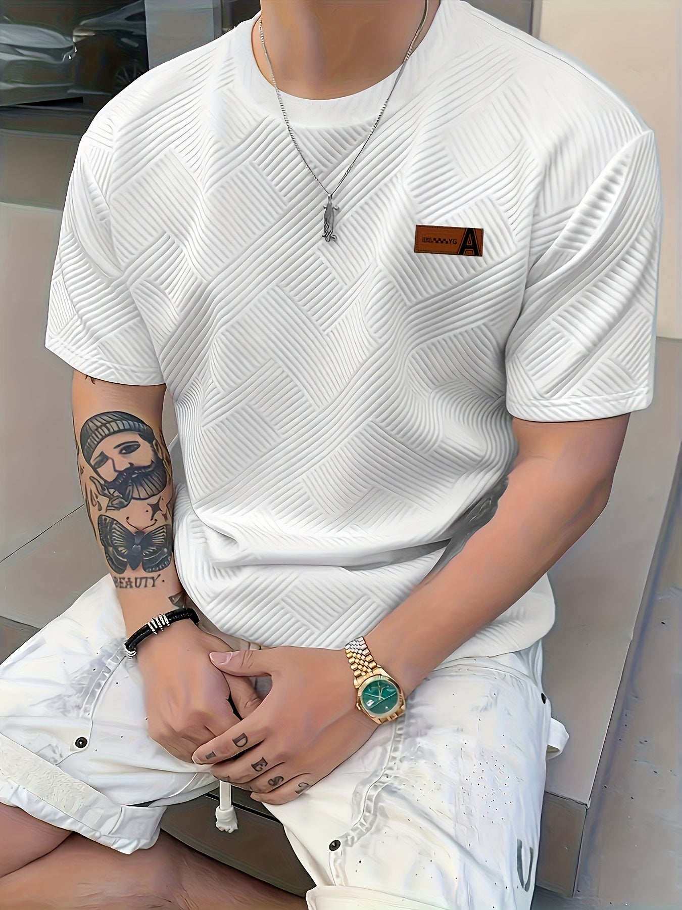 Men'S Casual Beige 3D-Cut Pattern Short Sleeve T-Shirt - 100% Polyester, Lightweight Knit Fabric, Slight Stretch, Regular Fit, Crew Neck, Fashion Color Top for Casual Attire, Leisure Clothing | Fashion Color Top | 3D-Cut Desi