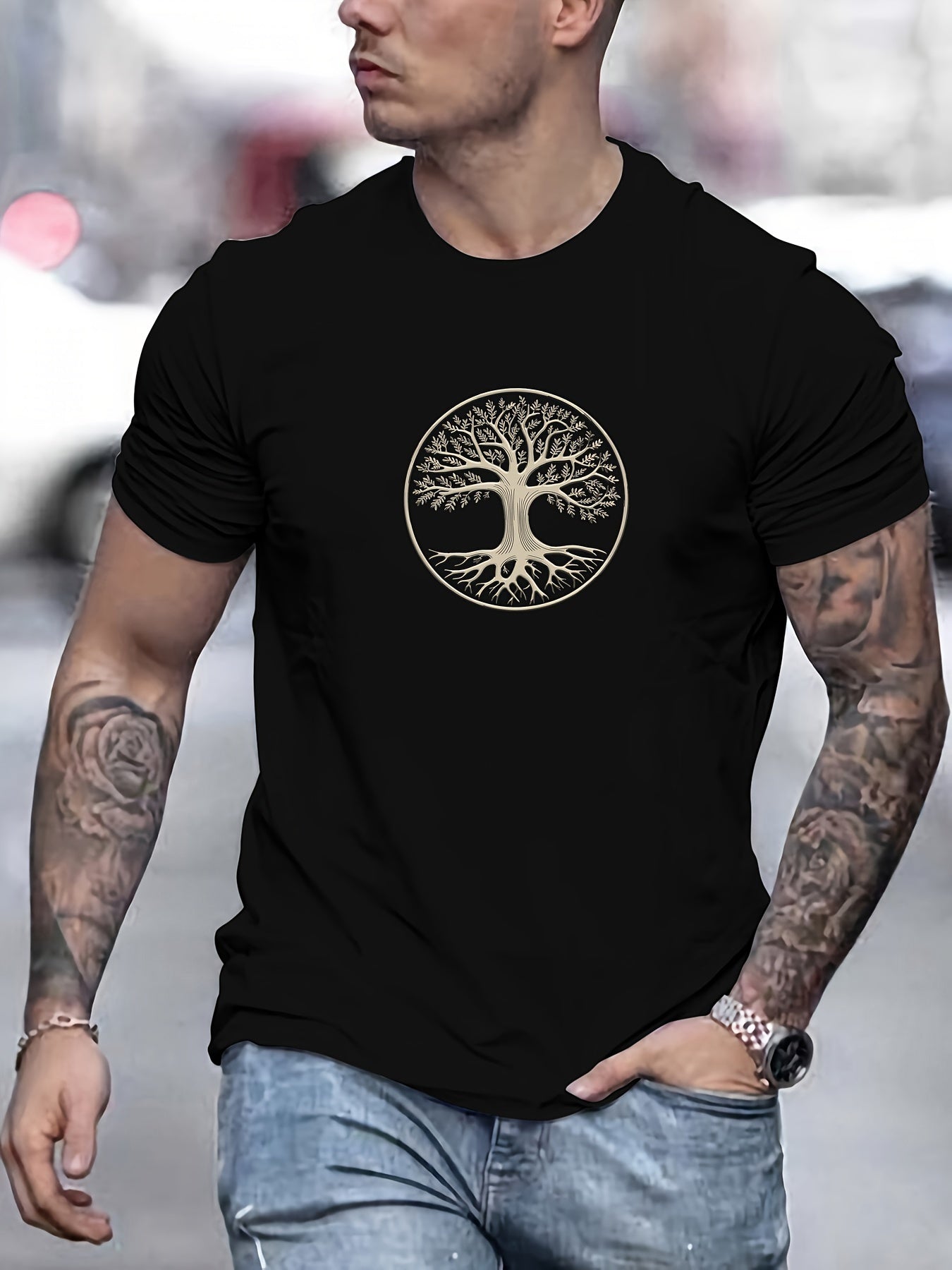 Camiseta masculina minimalista com estampa de árvore - preta e dourada, camiseta de verão respirável para uso diário e formal