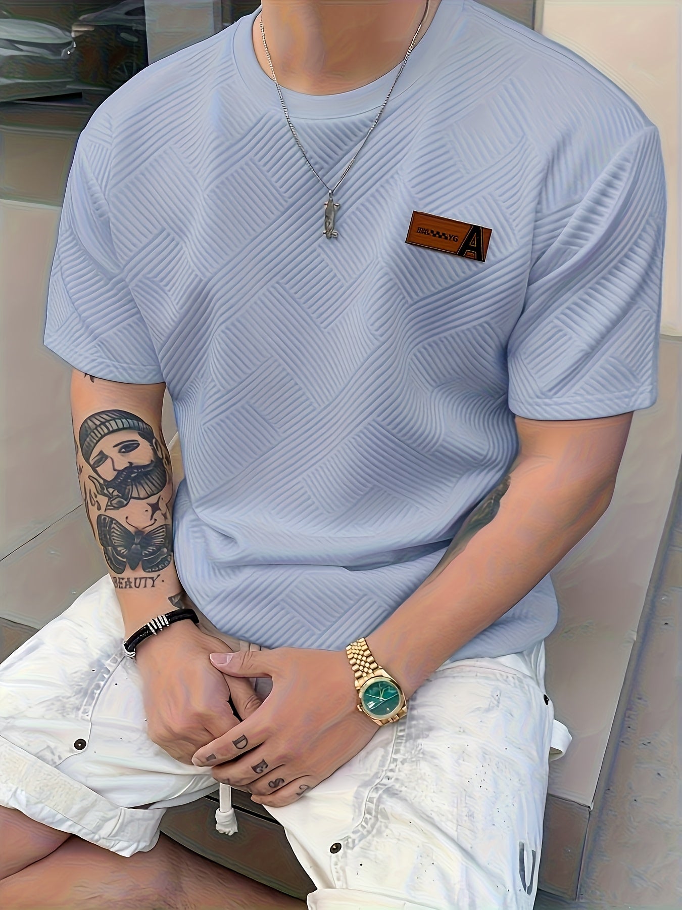 Men'S Casual Beige 3D-Cut Pattern Short Sleeve T-Shirt - 100% Polyester, Lightweight Knit Fabric, Slight Stretch, Regular Fit, Crew Neck, Fashion Color Top for Casual Attire, Leisure Clothing | Fashion Color Top | 3D-Cut Desi