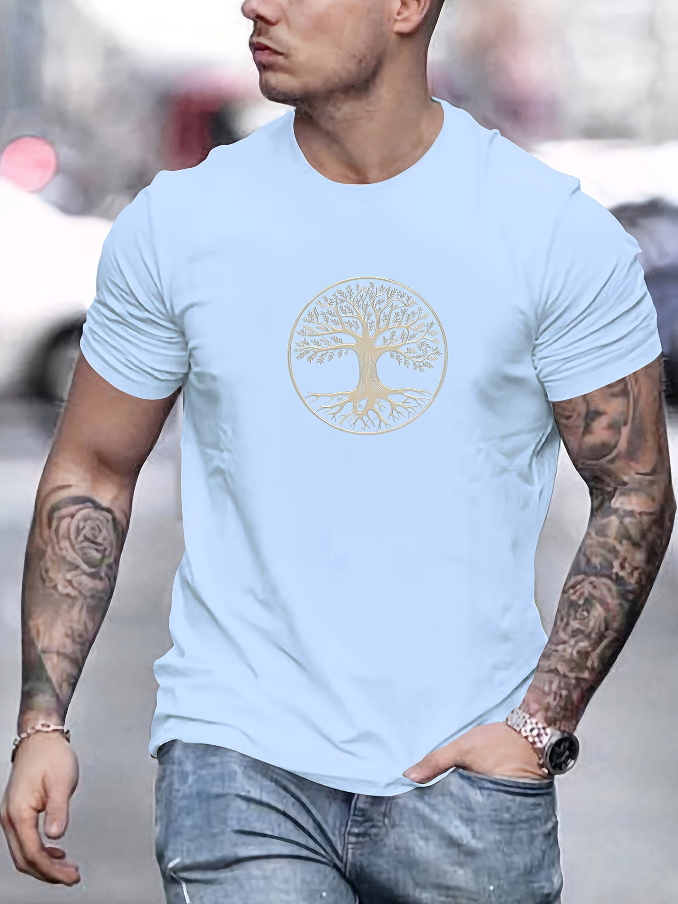 Camiseta masculina minimalista com estampa de árvore - preta e dourada, camiseta de verão respirável para uso diário e formal
