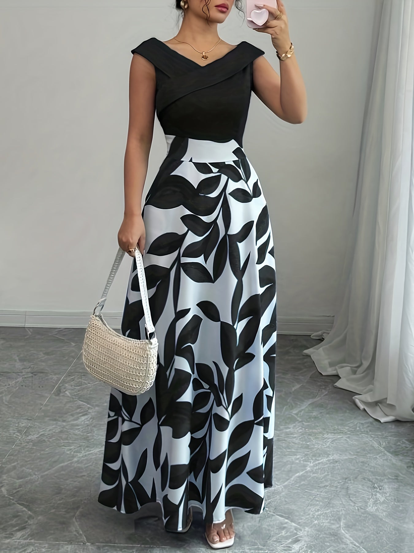 Elegant V-Neck Floral Print A-Line Maxi Dress with Pockets - Green Leaf Pattern, Short Sleeve, Cinched Waist, Flowy Skirt, Perfect for Summer, Casual to Formal Wear, Casual Summer Dress | Vneck Dress | Cinched Waist Design