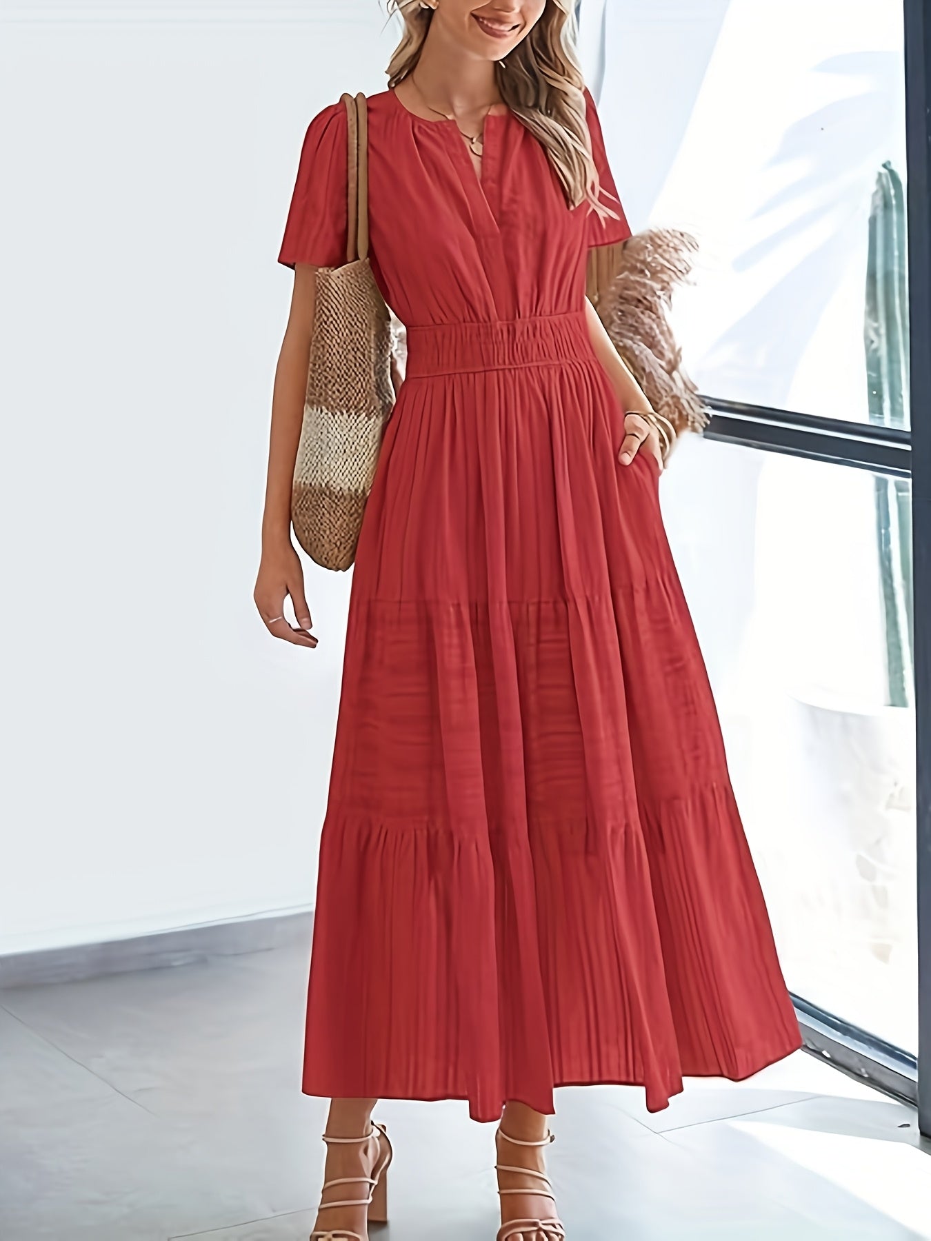 Elegant Navy Blue V-Neck Pleated Maxi Dress for Women - Summer Fashion with Ruffled Hem, Short Sleeves, and Cinched Waist, Polyester Fabric, Machine Washable, Cute Dress